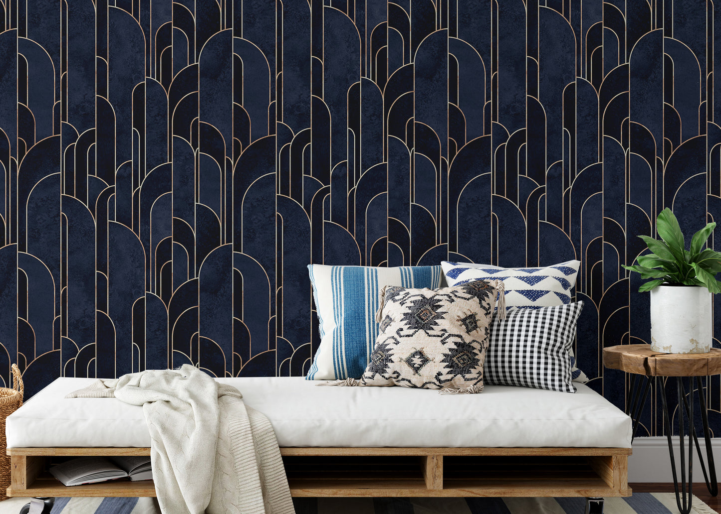 Modern dark blue Deco wallpaper with easy application.