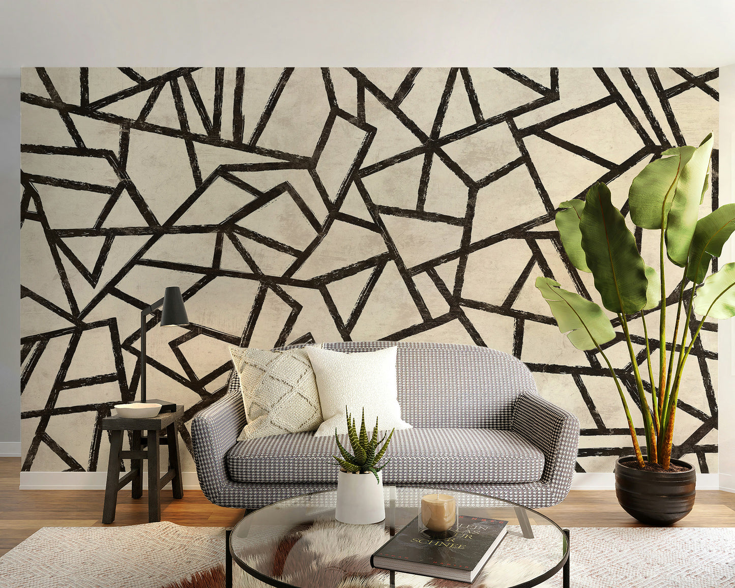 Modern black wallpaper mural with intricate patterns.
