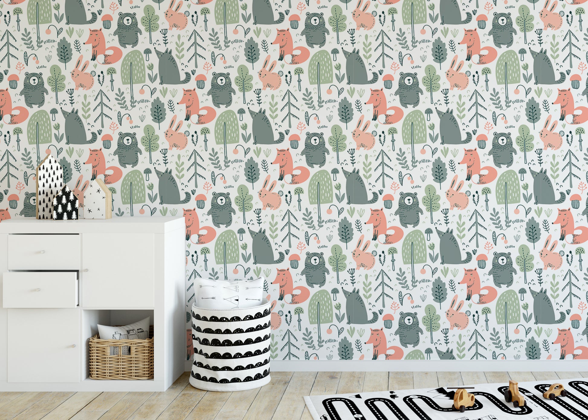 Whimsical wallpaper showcasing wild animals in a forest