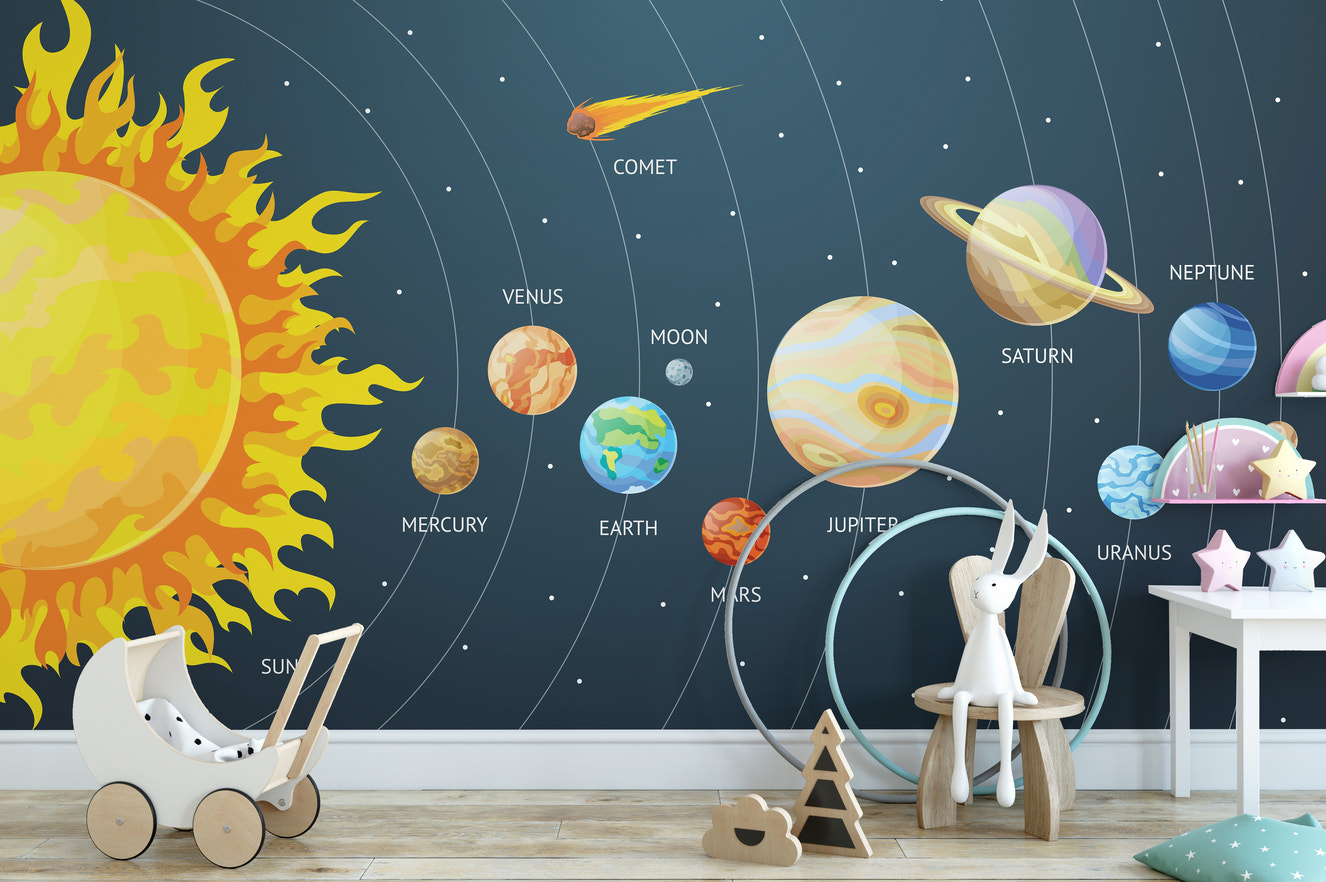 Solar system mural with vivid planets
