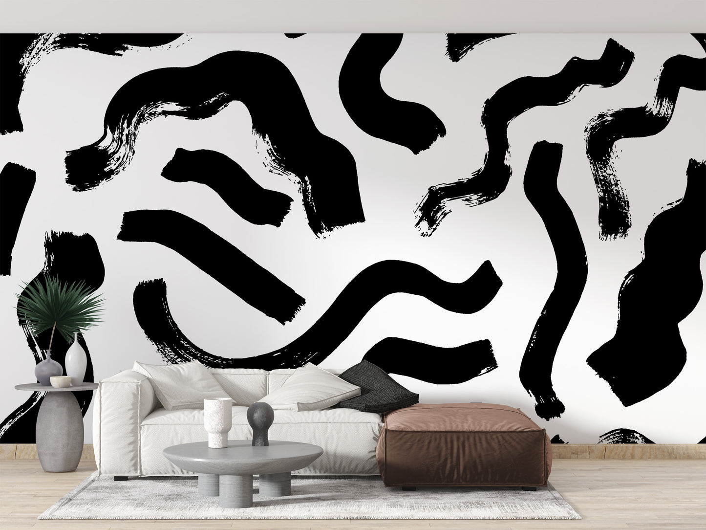 Bold black brushstrokes mural for modern abstract walls.
