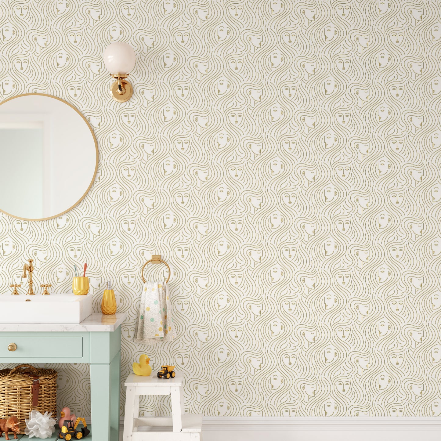 Artistic wallpaper design featuring minimalist faces and wavy patterns