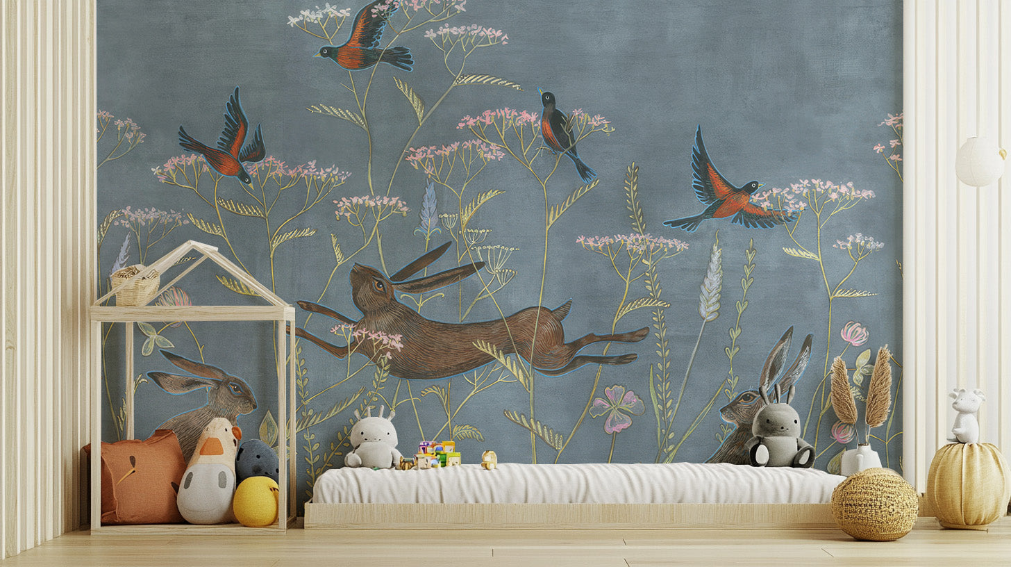 Self-adhesive spring meadow mural for peaceful spaces