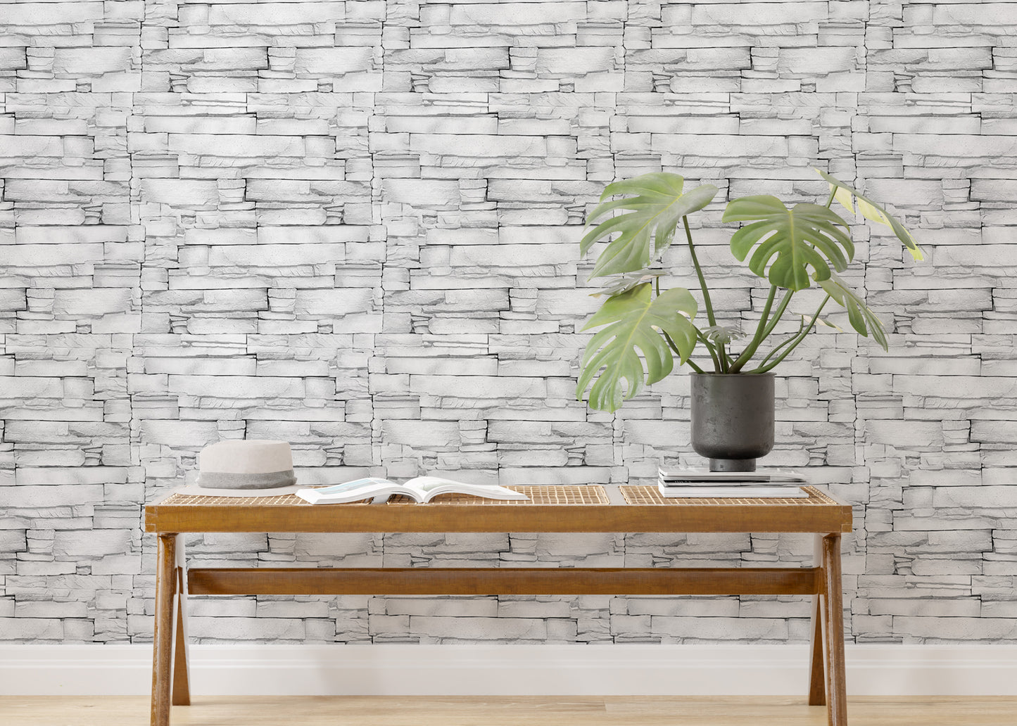 White Color Limestone Decorative Pattern Aligned Masonry Wallpaper