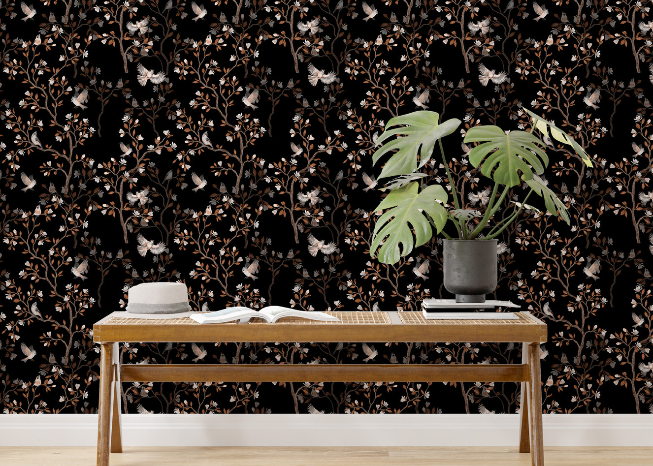 Black Color Chinoiserie Repeat Pattern Magnolia Tree Birds Wallpaper