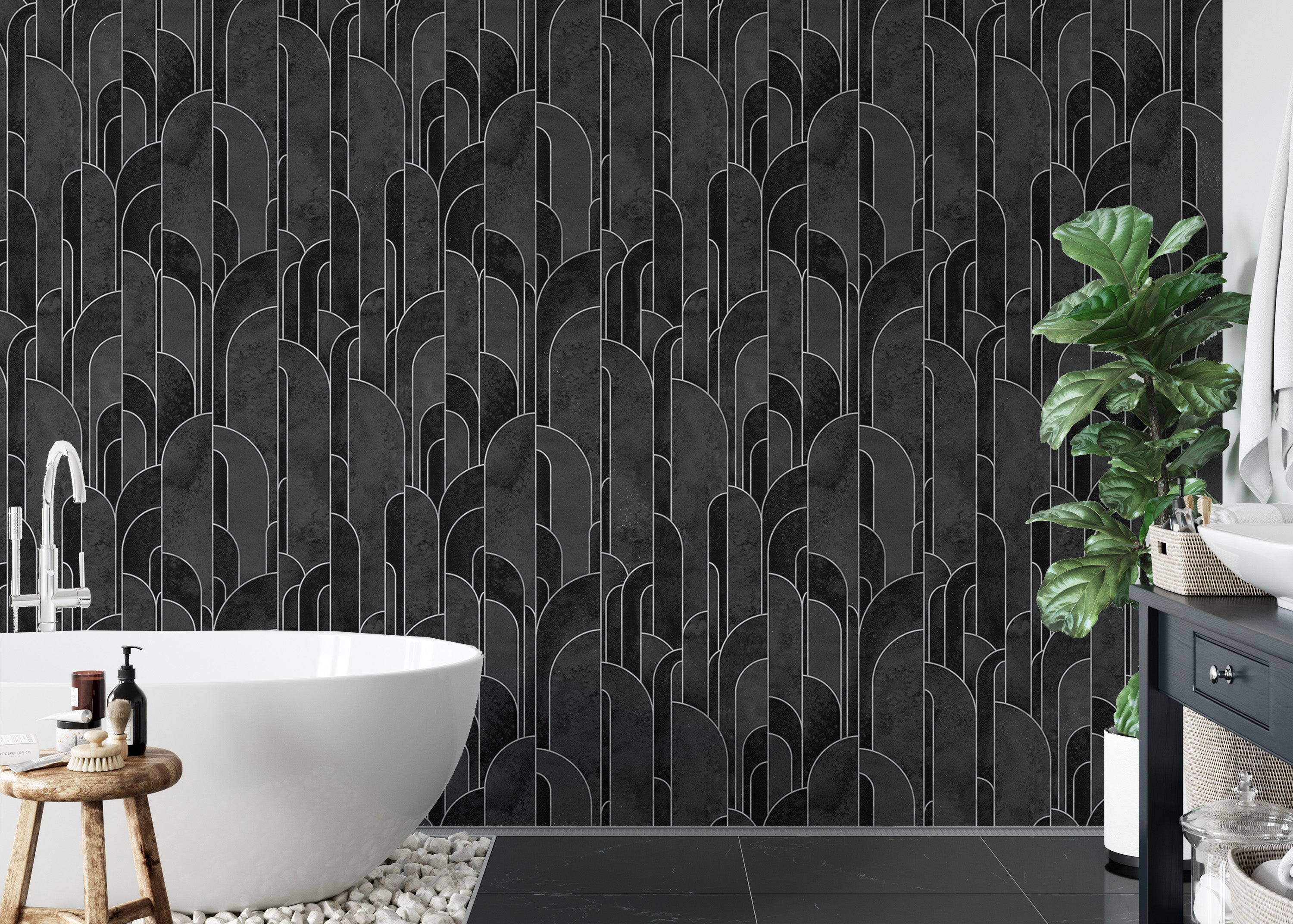 Geometric black repeat pattern Deco wallpaper.