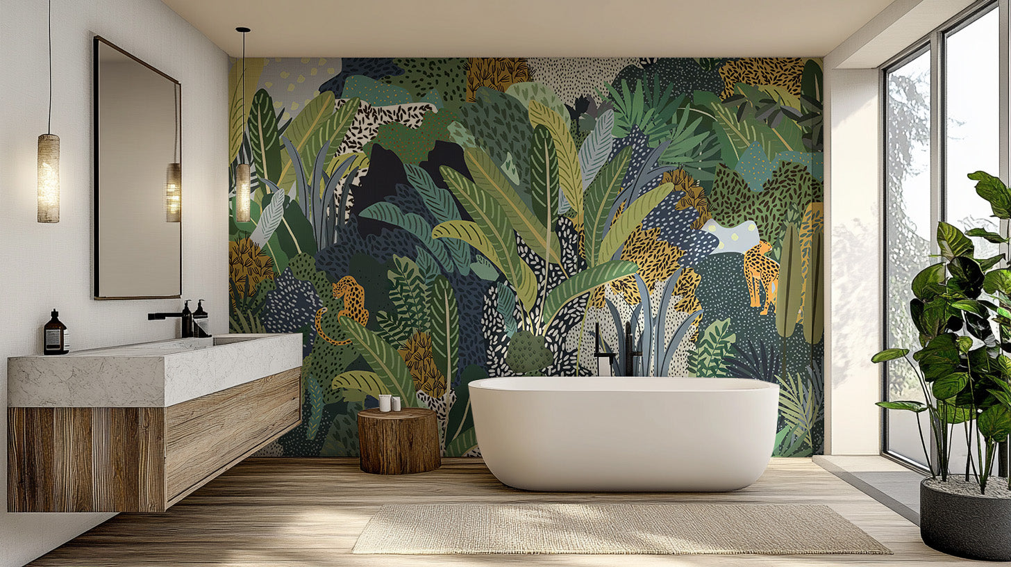 Jungle cat mural with detailed tropical foliage and wildlife
