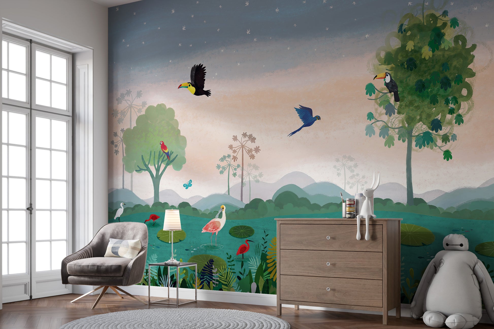 Dusky Amazon Birds Wallpaper Mural with tropical charm