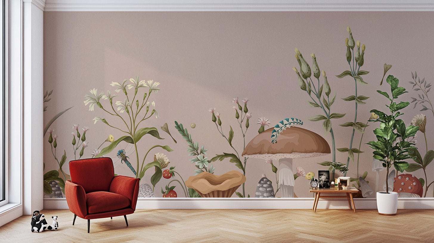 Mystical mushroom garden mural for a fantasy room
