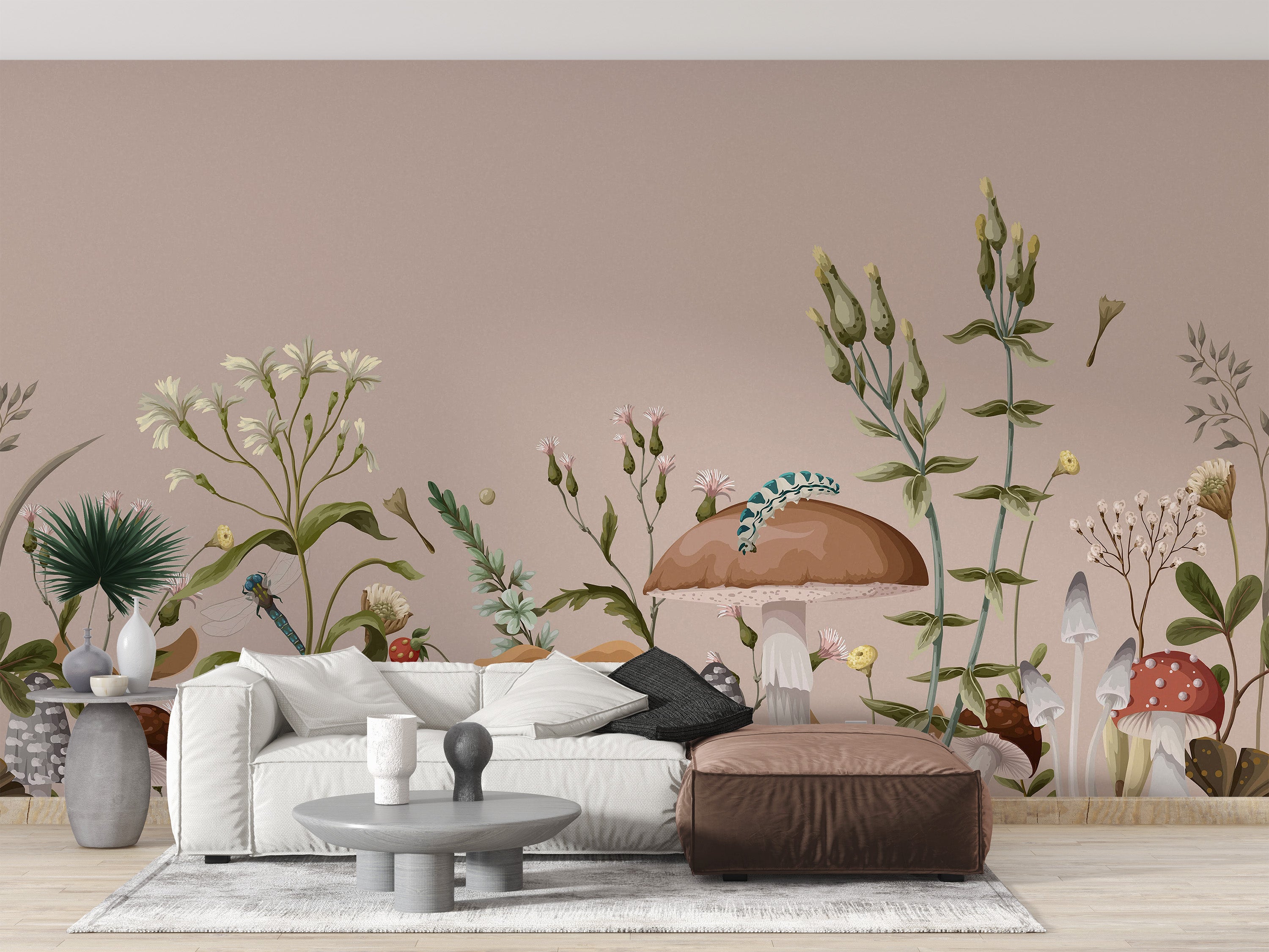 Magical mushroom garden mural for dreamy room decor
