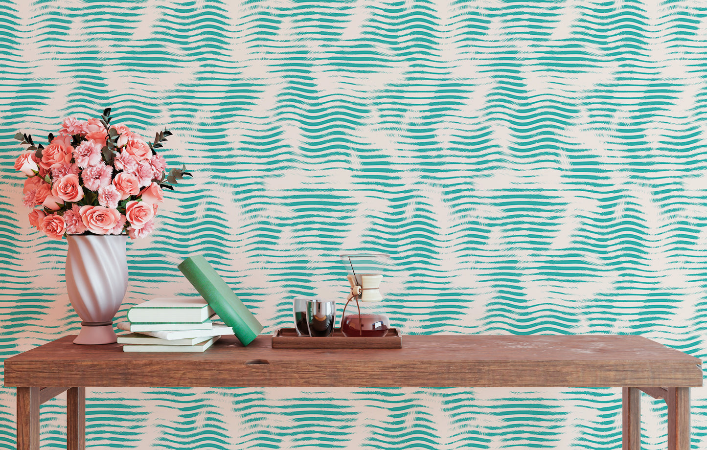 Aegean Teal Broken Stripe Grunge Wave Wallpaper For Walls