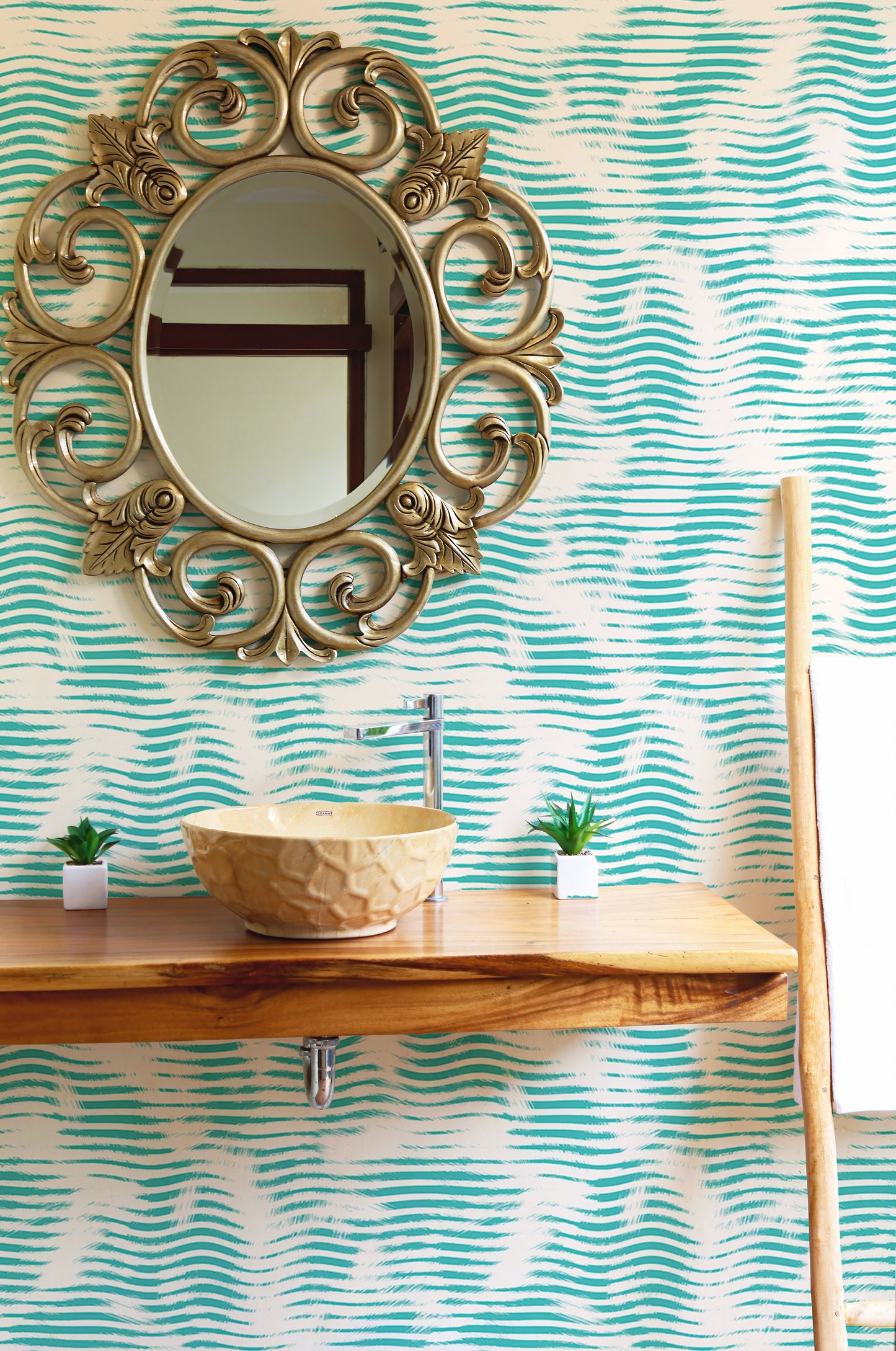 Aegean Teal Broken Stripe Grunge Wave Wallpaper For Walls