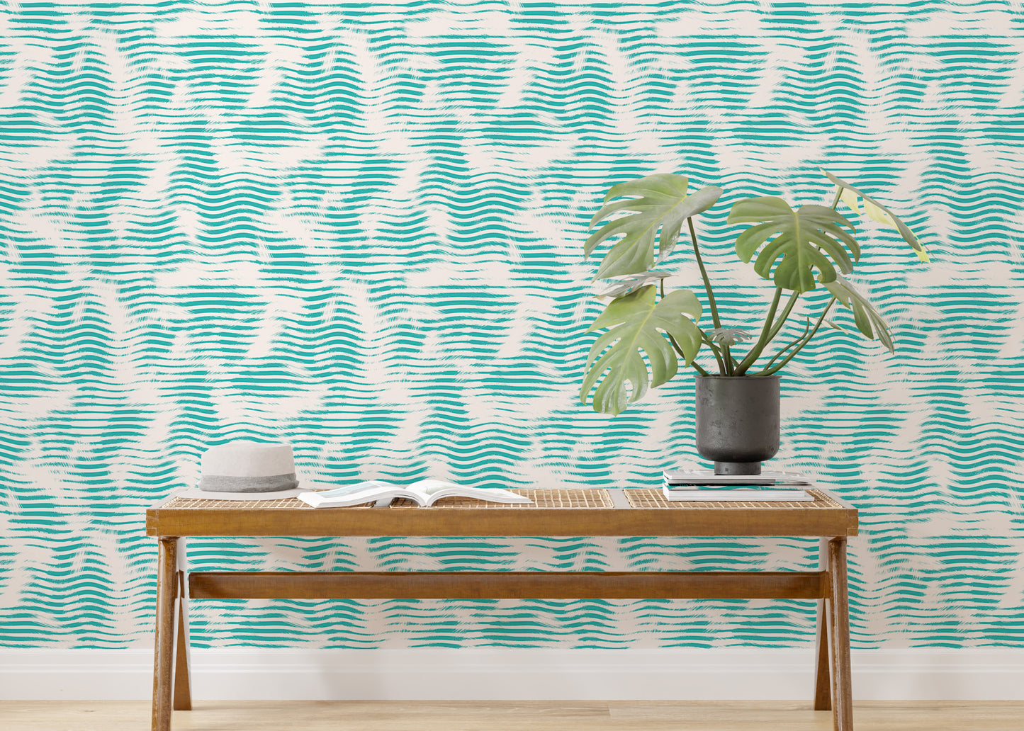 Aegean Teal Broken Stripe Grunge Wave Wallpaper For Walls