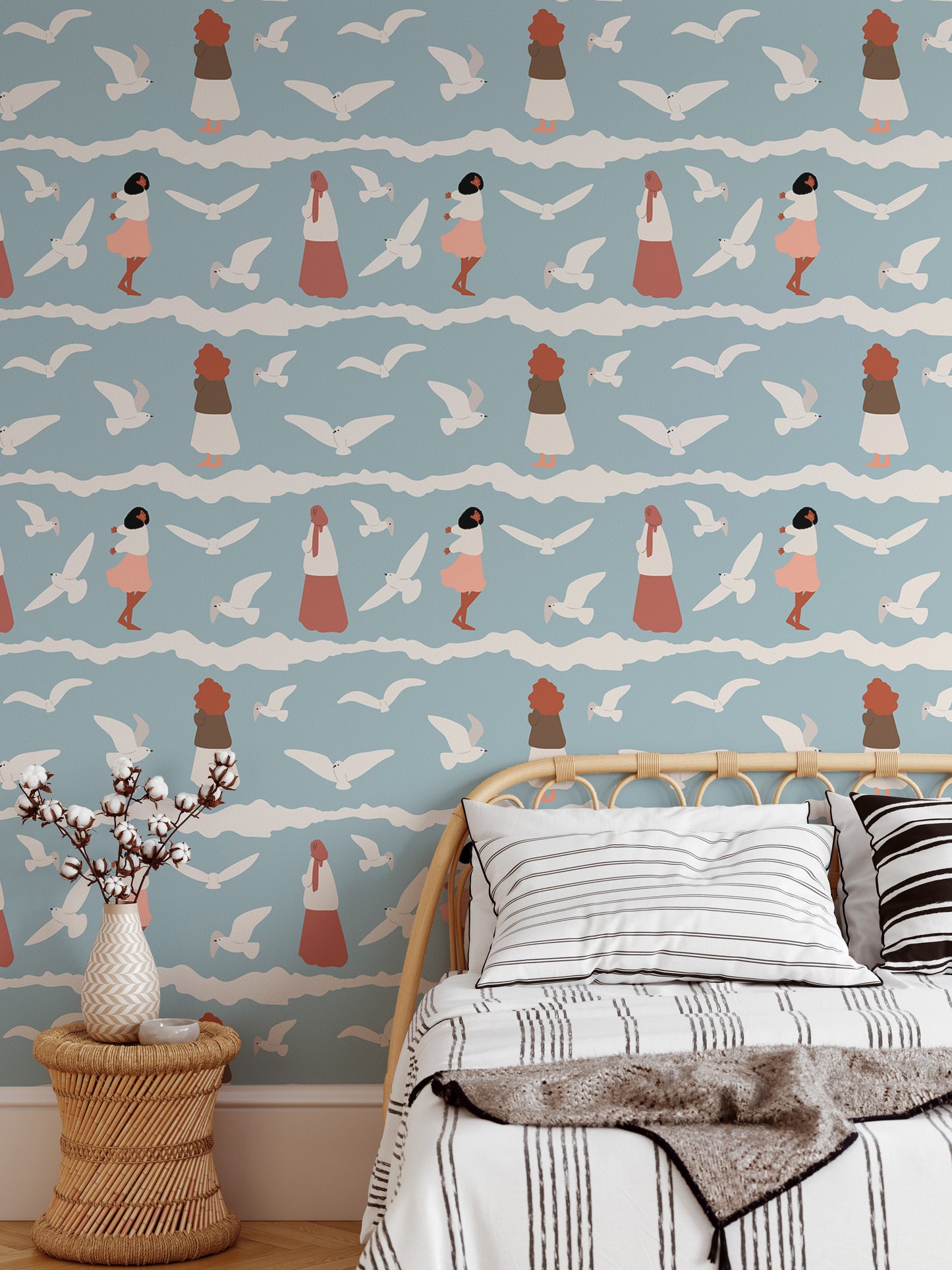 Coastal Repeat Pattern Flying Seagull Birds Kids Wallpaper