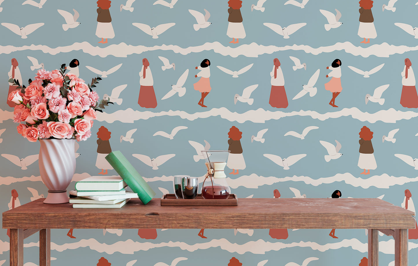 Coastal Repeat Pattern Flying Seagull Birds Kids Wallpaper