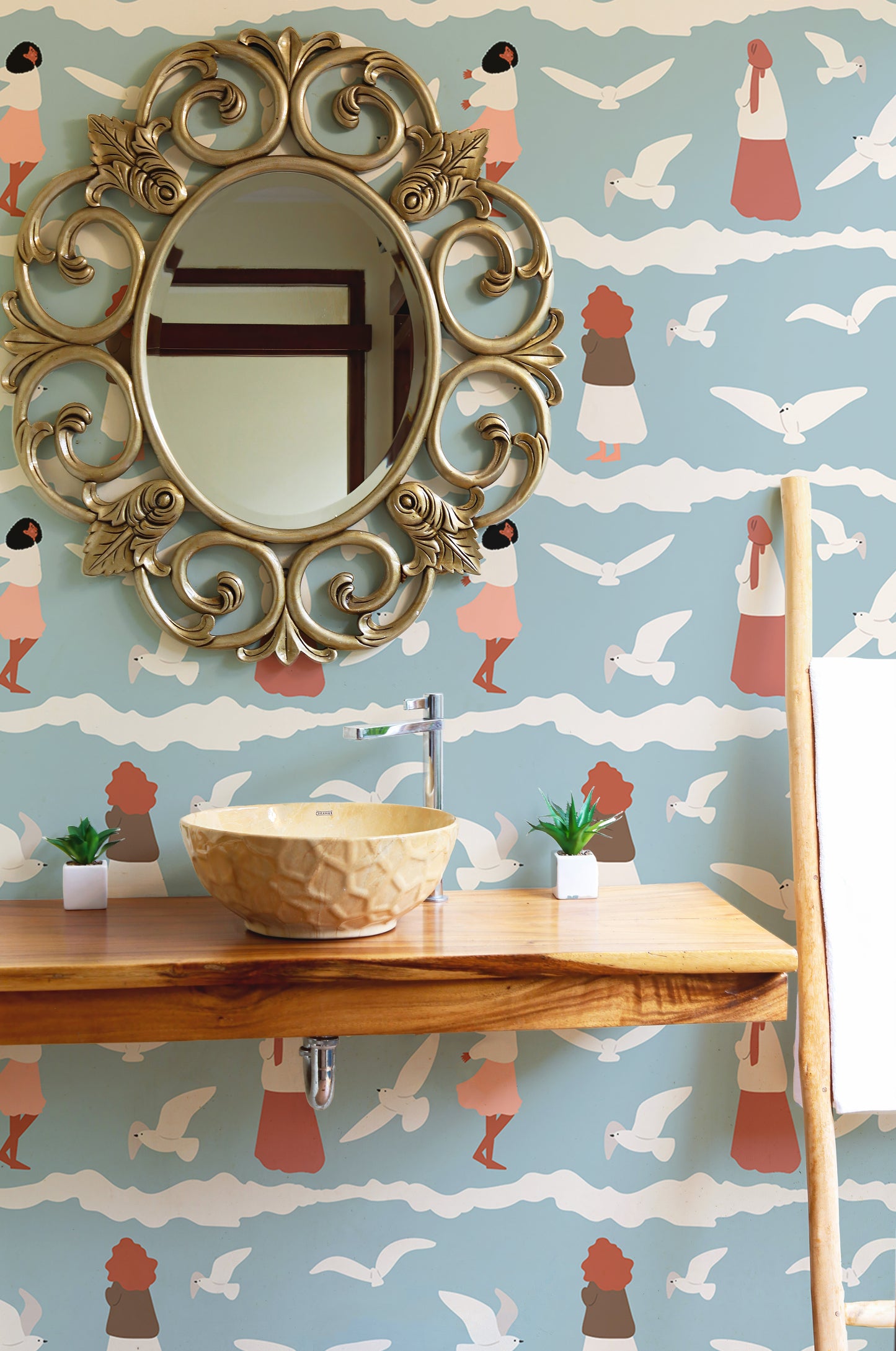 Coastal Repeat Pattern Flying Seagull Birds Kids Wallpaper