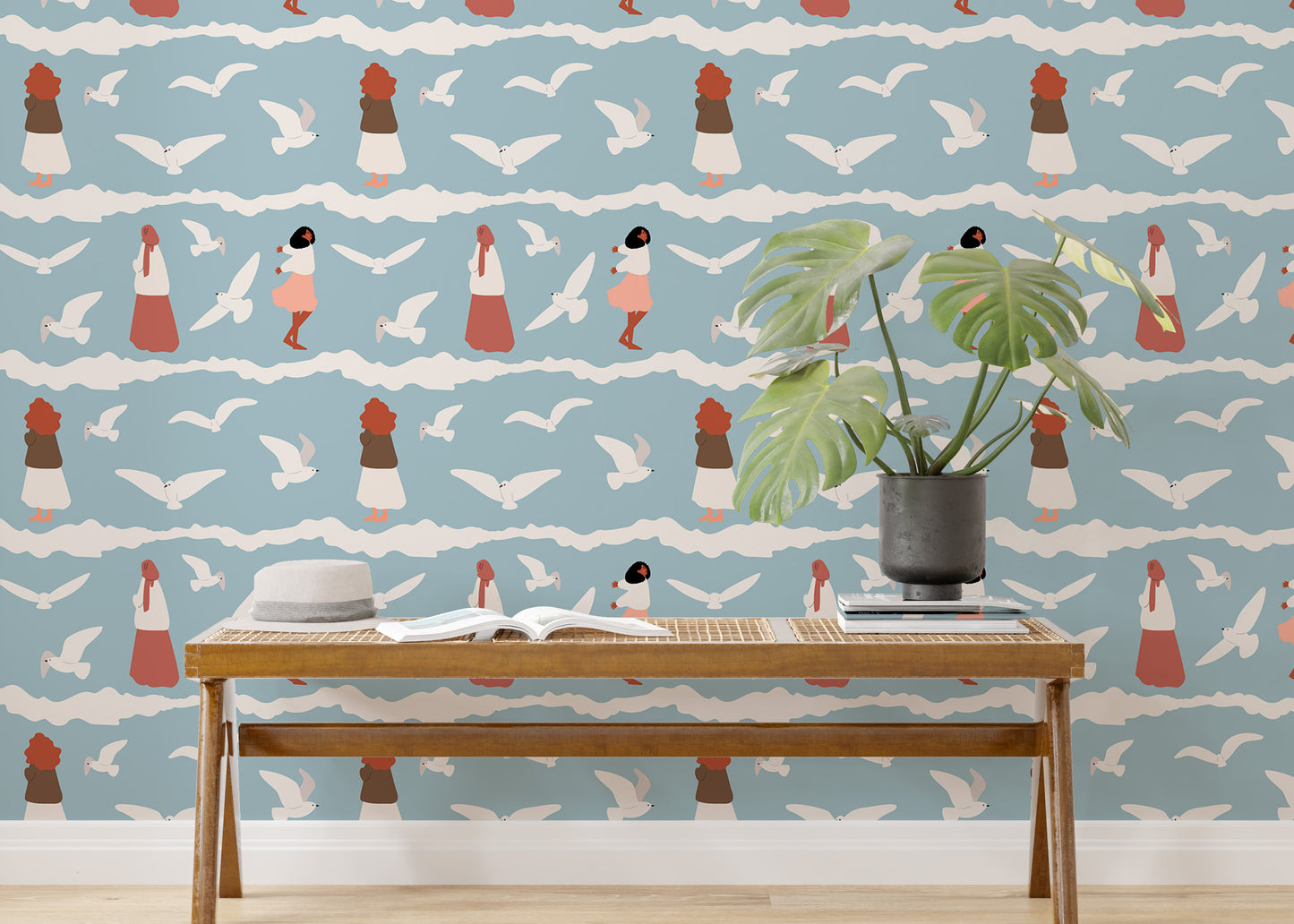 Coastal Repeat Pattern Flying Seagull Birds Kids Wallpaper