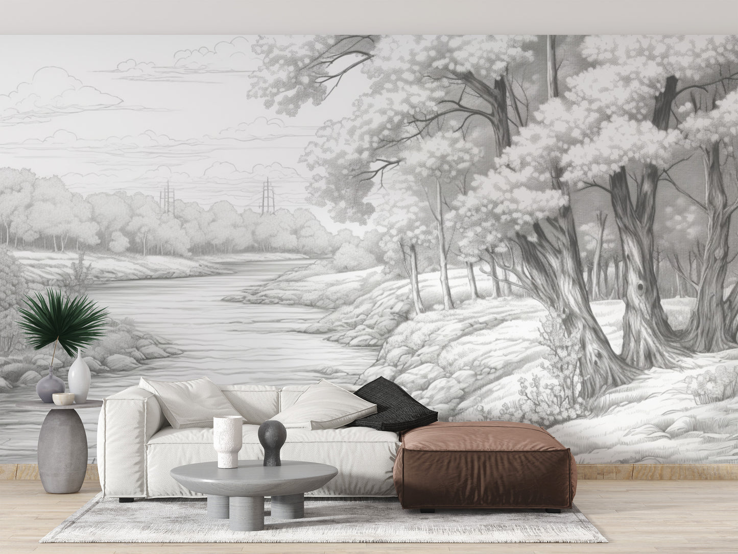 Serene grey forest mural for a relaxing room atmosphere
