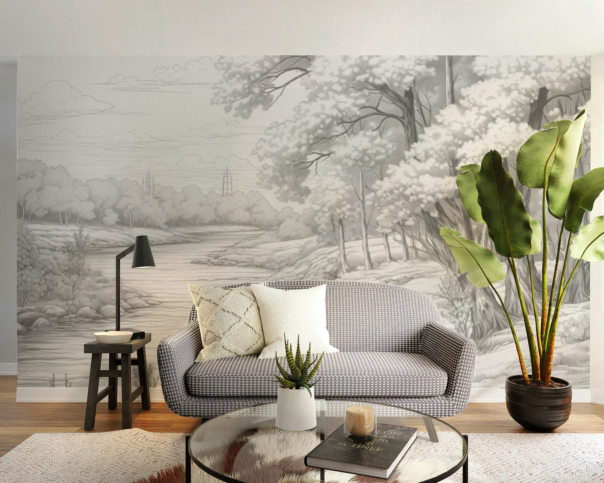 Grey-toned forest wallpaper mural for restful spaces
