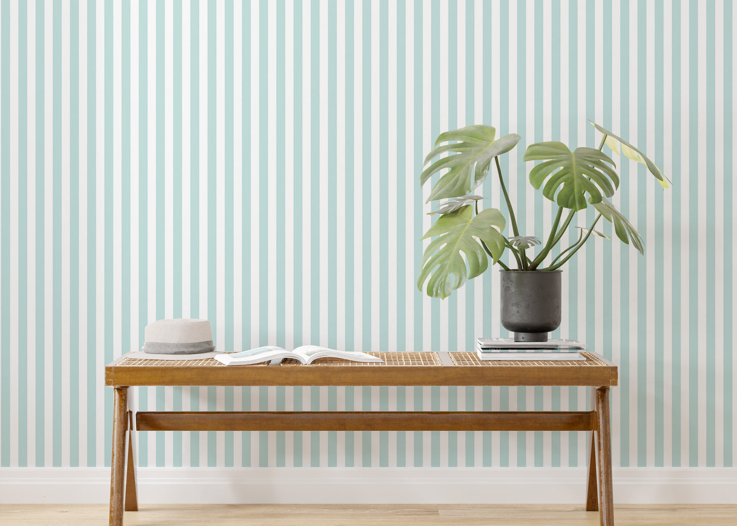 Preppy Wide Vertical Stripe Turquoise and White Color Wallpaper