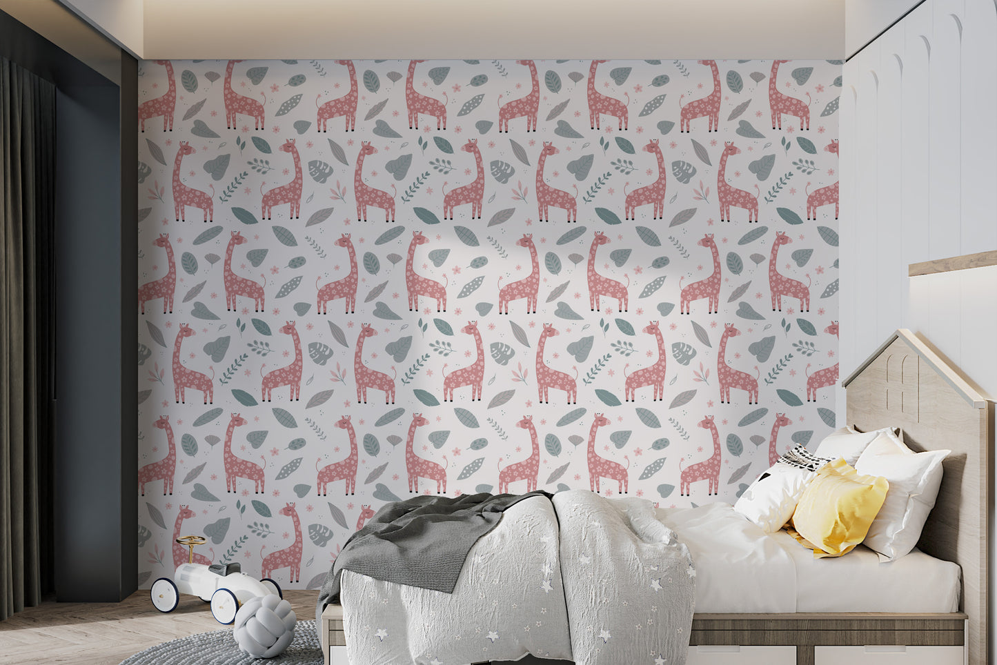 Giraffe and Leaves Wallpaper Mural - Pink