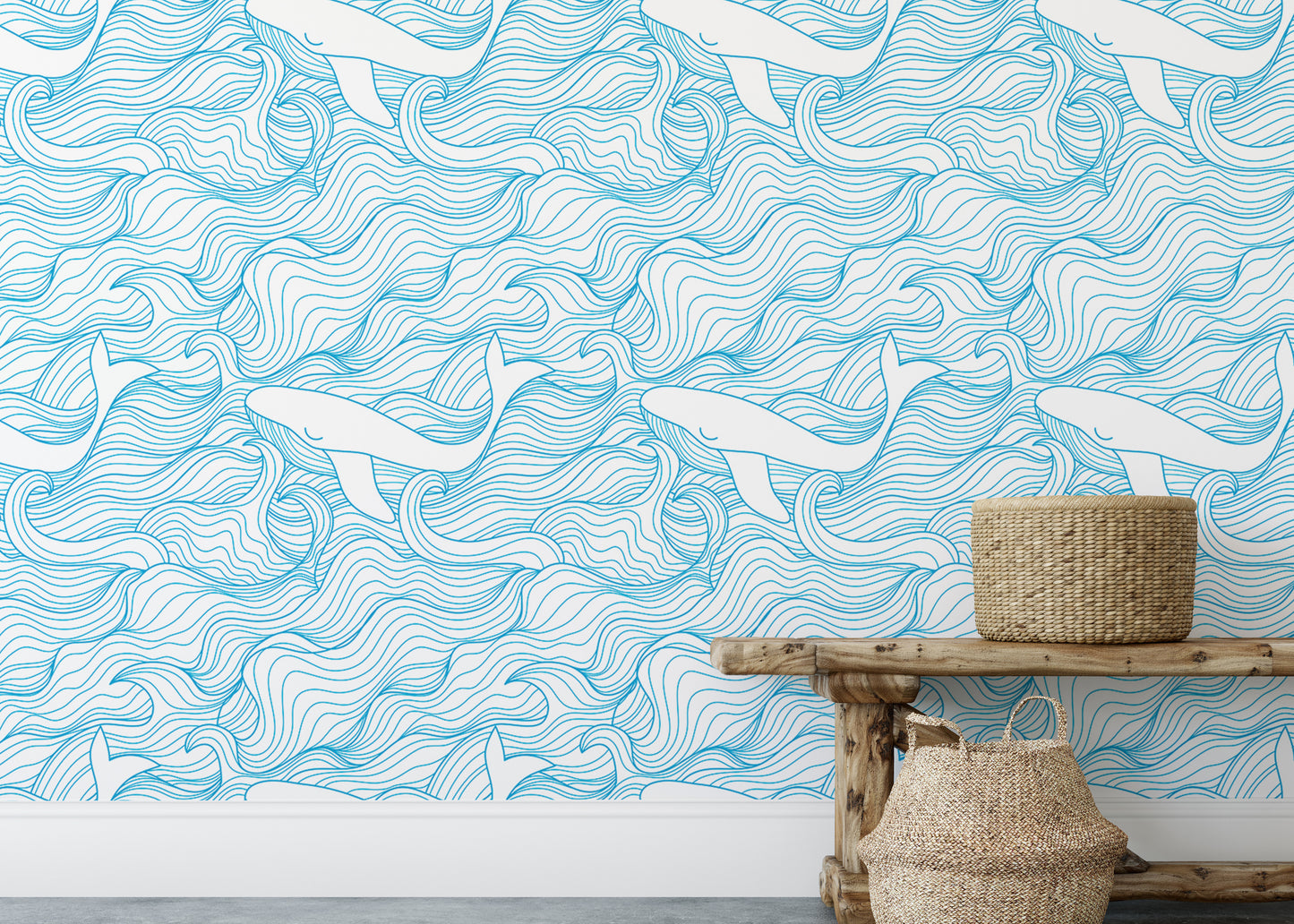 Light Blue Pattern Stormy Waves and Whales Wallpaper