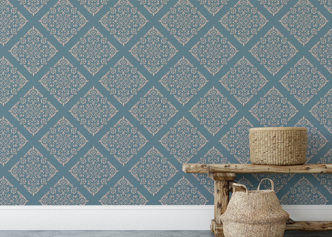 Blue Color Modern Damask Wallpaper For Walls