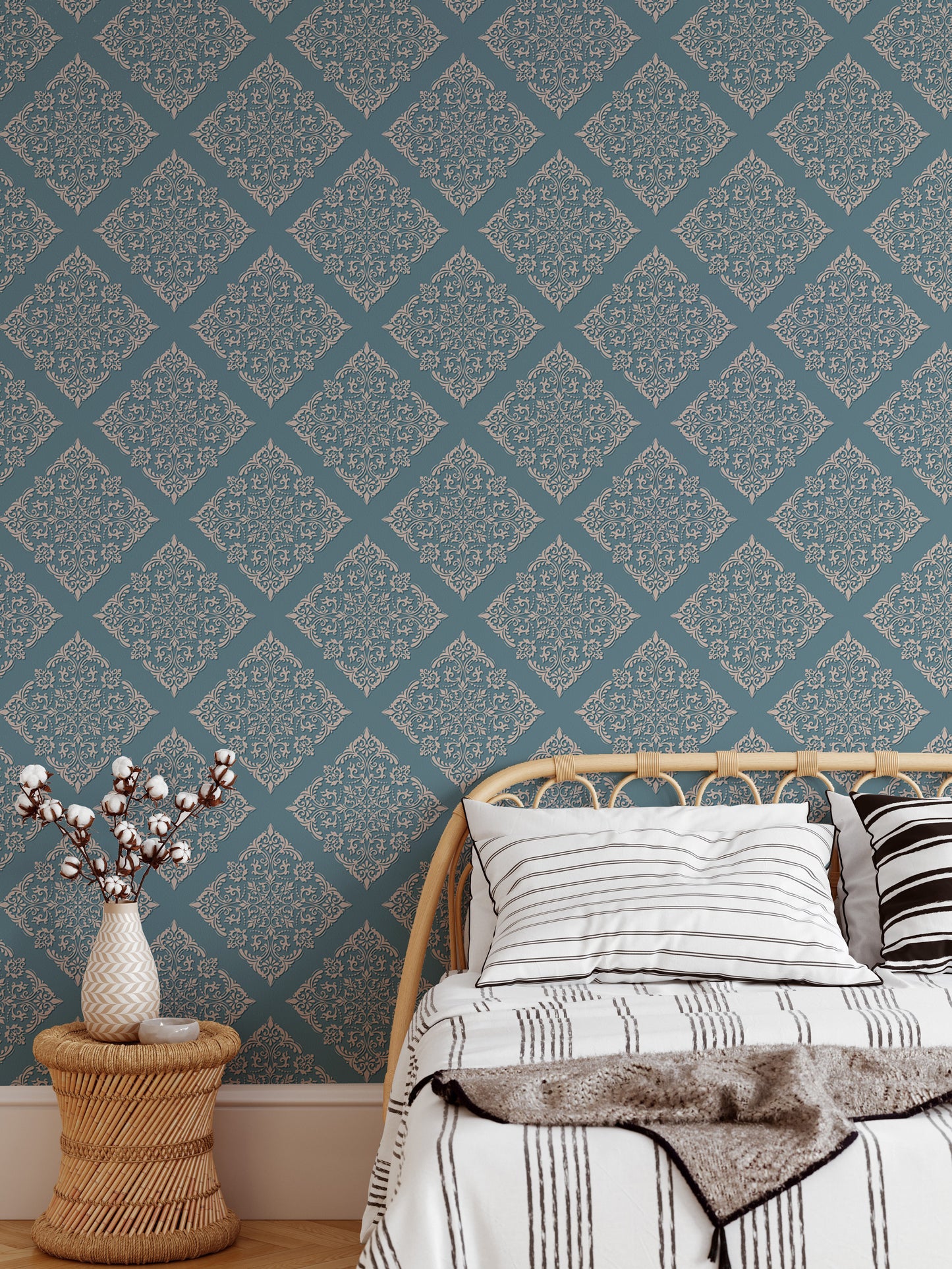 Blue Color Modern Damask Wallpaper For Walls