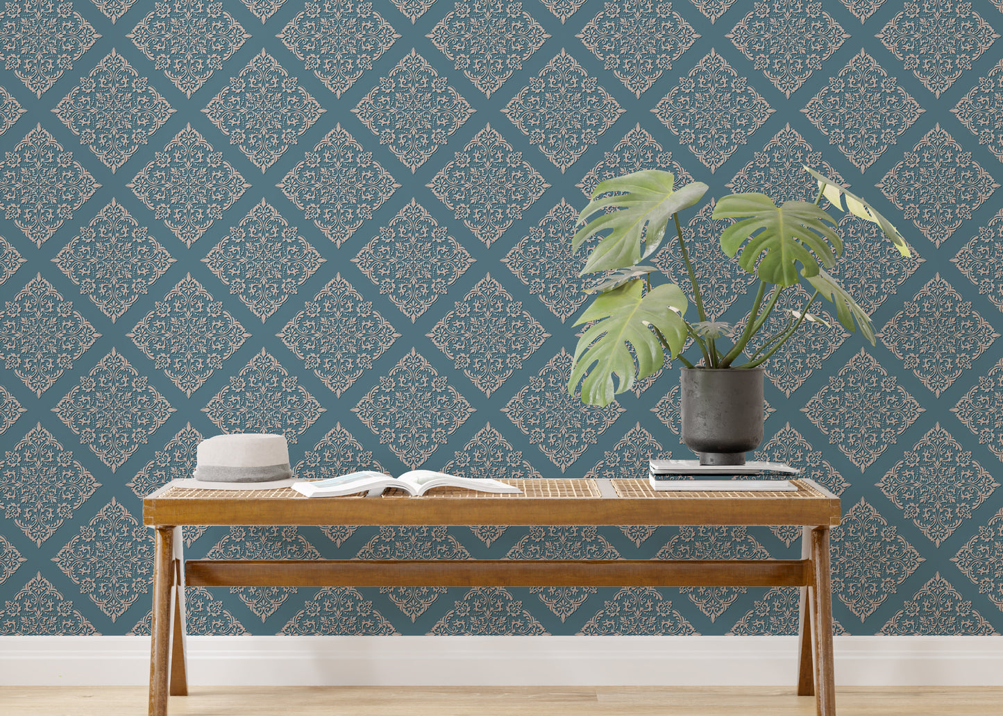 Blue Color Modern Damask Wallpaper For Walls