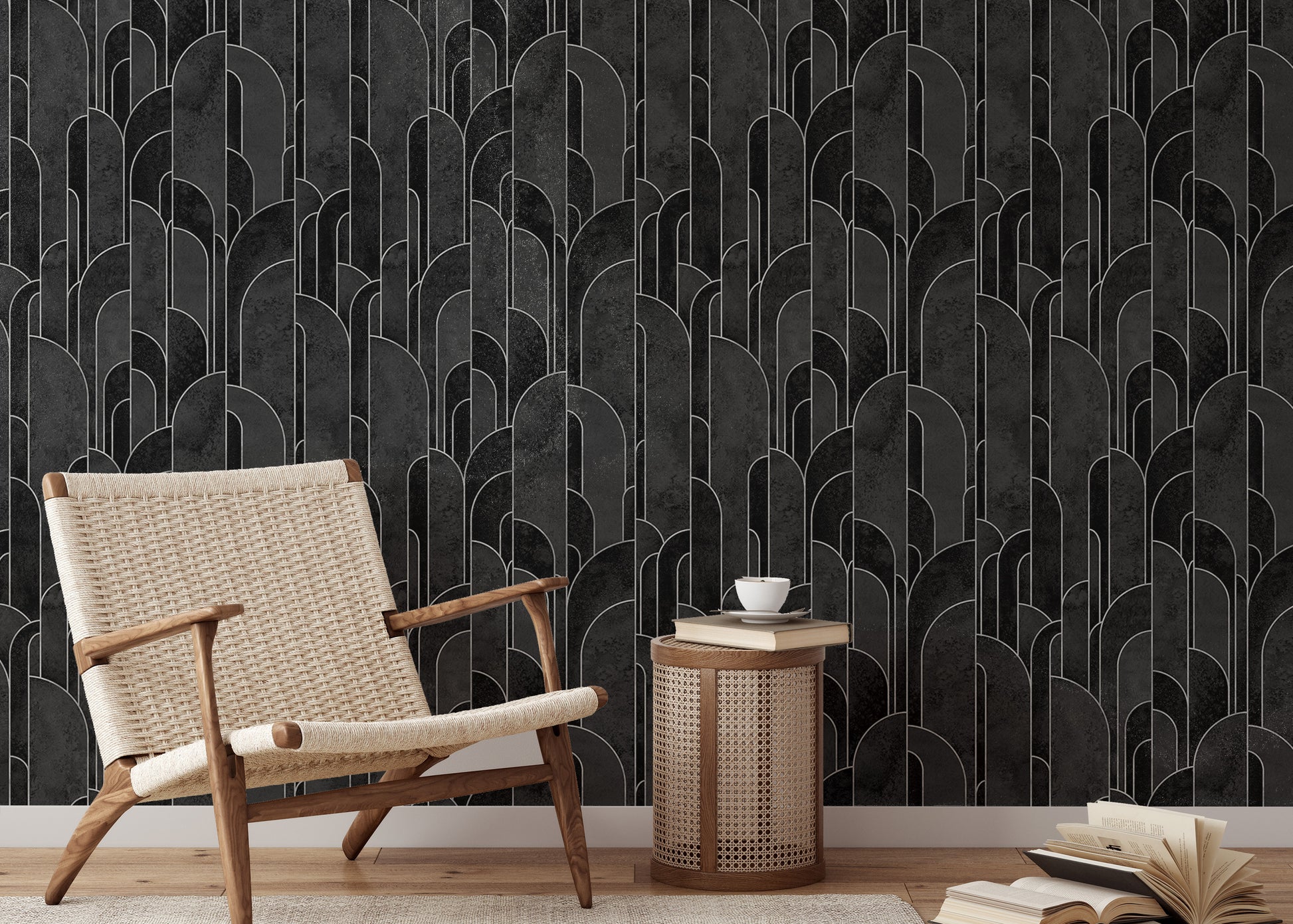 Sophisticated black Art Deco wall pattern design.