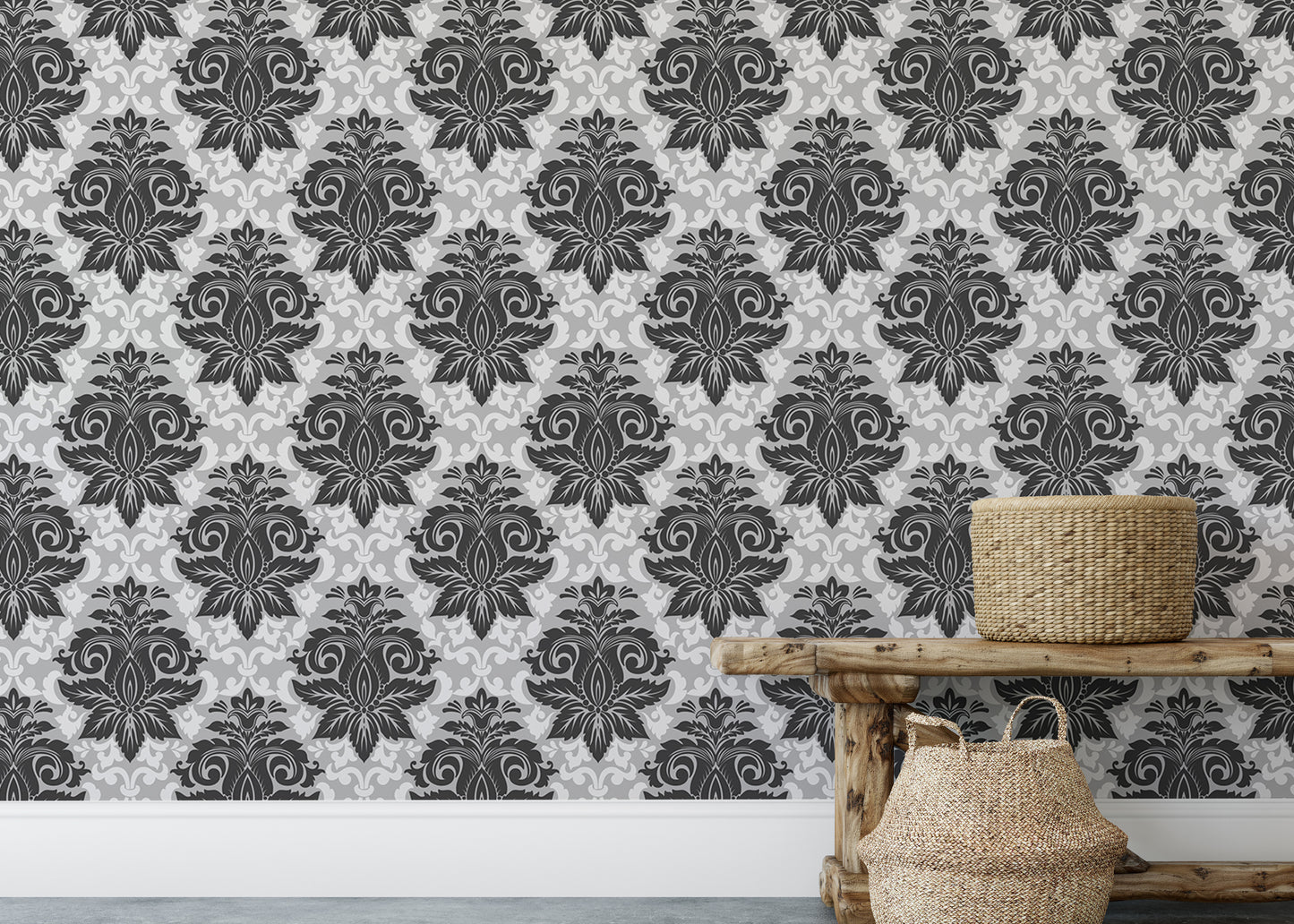 Black and White Greyish Damask Self Adhesive Wallpaper