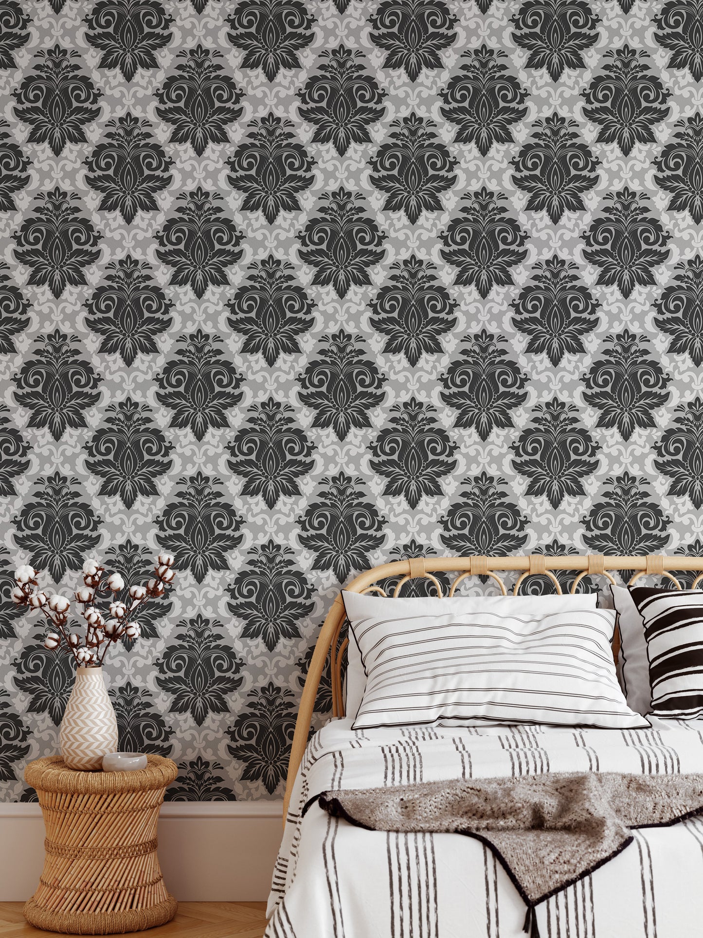 Black and White Greyish Damask Self Adhesive Wallpaper