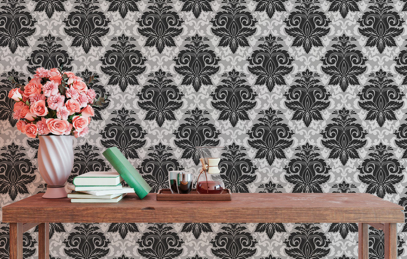 Black and White Greyish Damask Self Adhesive Wallpaper