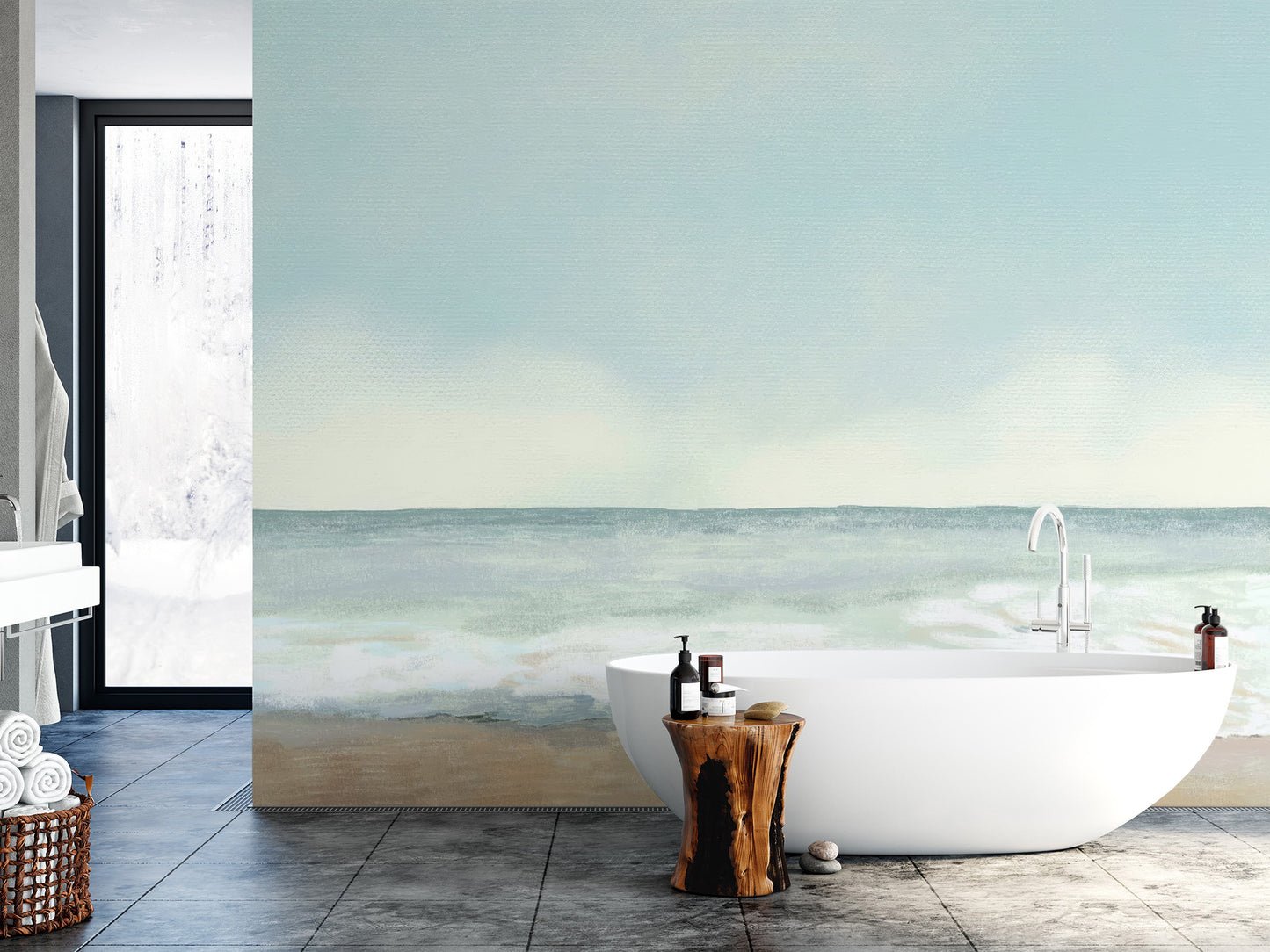 Coastal wall mural with soft watercolor beach details
