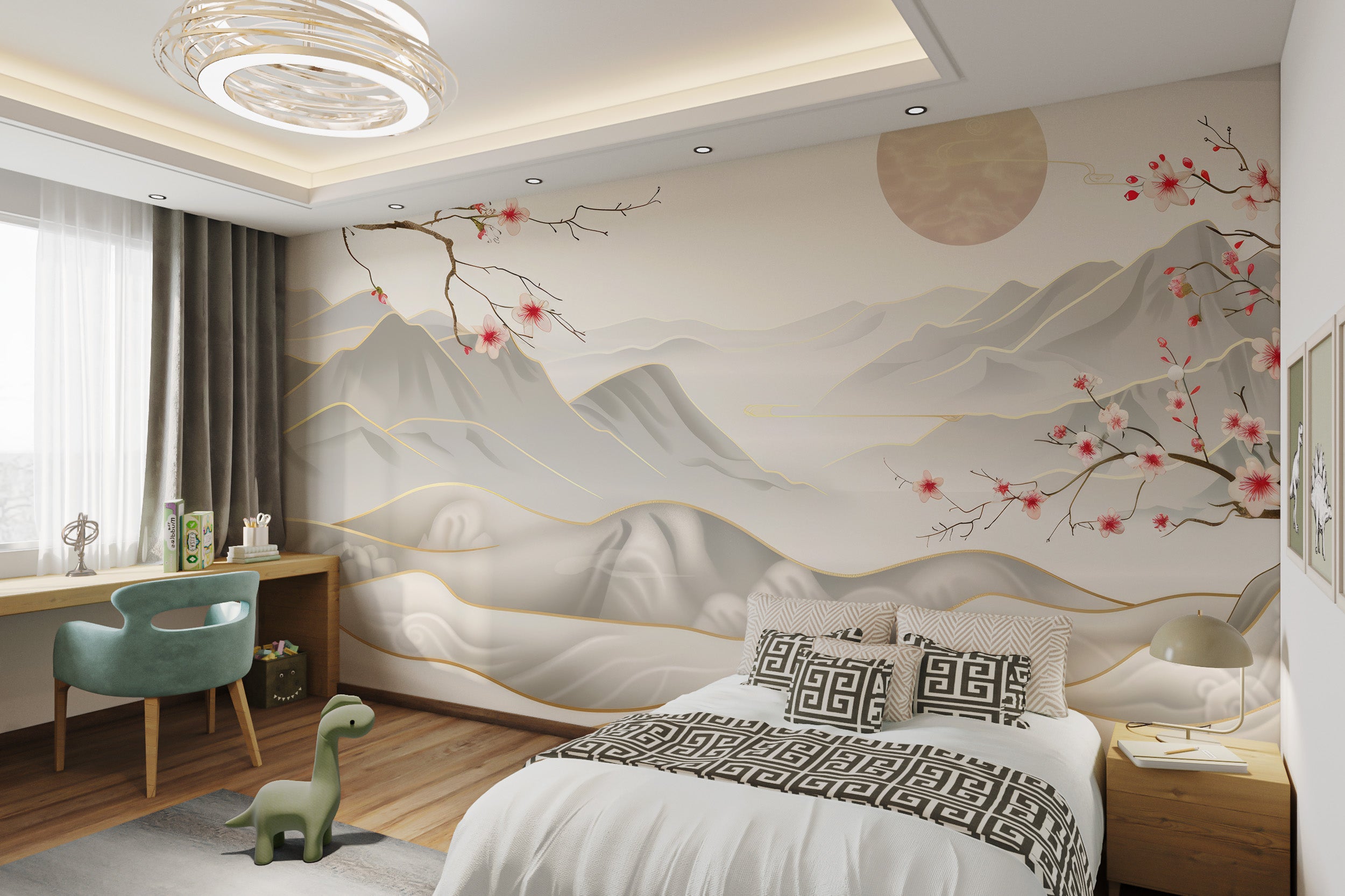 Serene mountain and cherry blossom design with fine details
