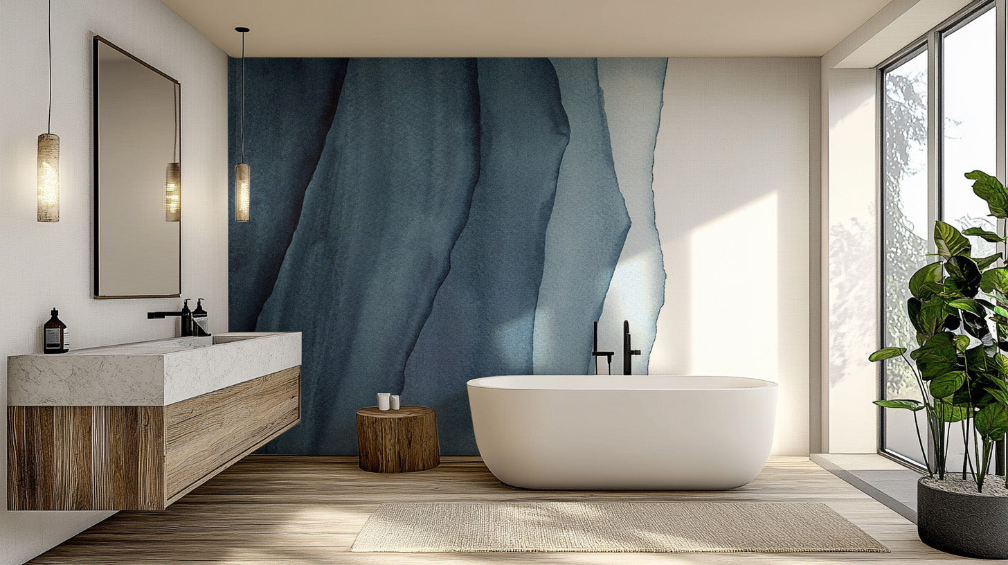 Abstract blue waves wallpaper mural with flowing, dynamic lines
