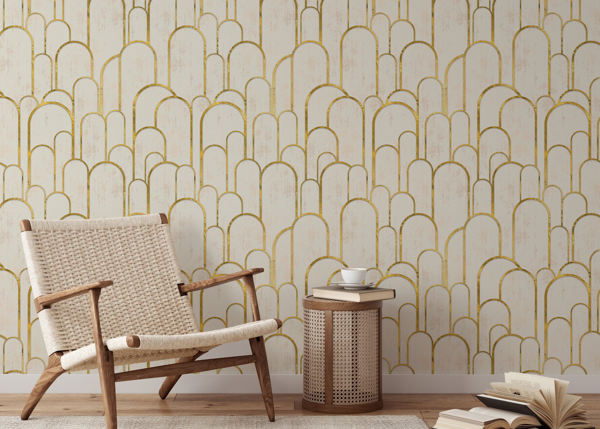 Art Deco golden arches in repeating wall patterns.