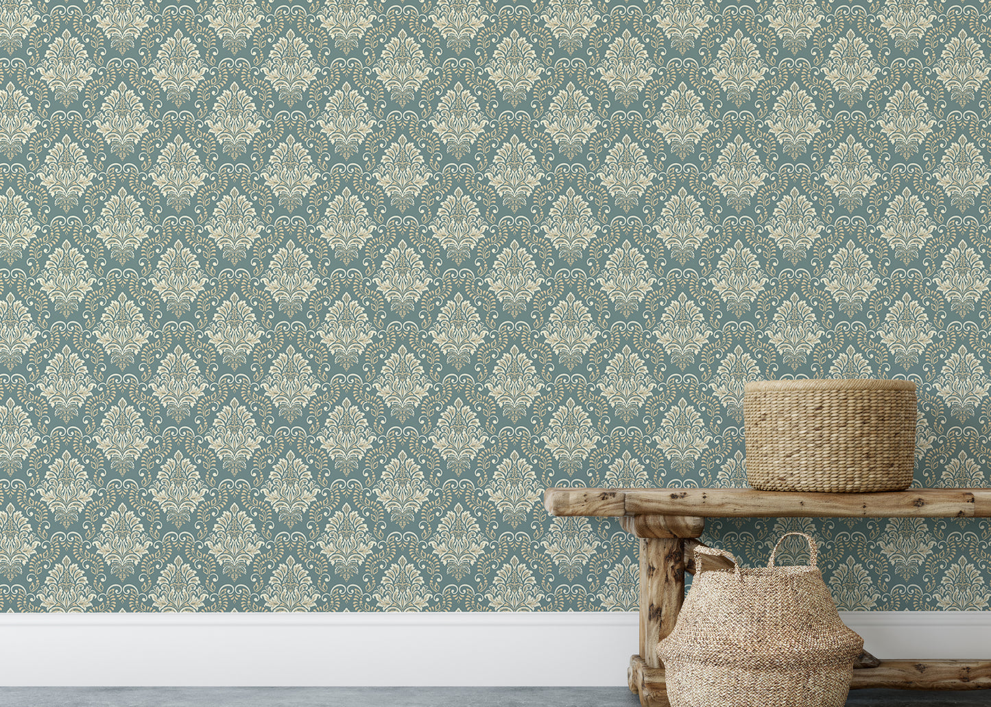 Green Vintage Baroque Damask Design Wallpaper