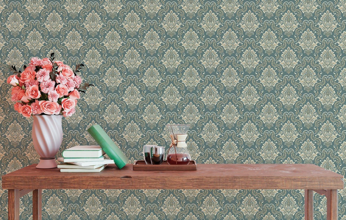 Green Vintage Baroque Damask Design Wallpaper