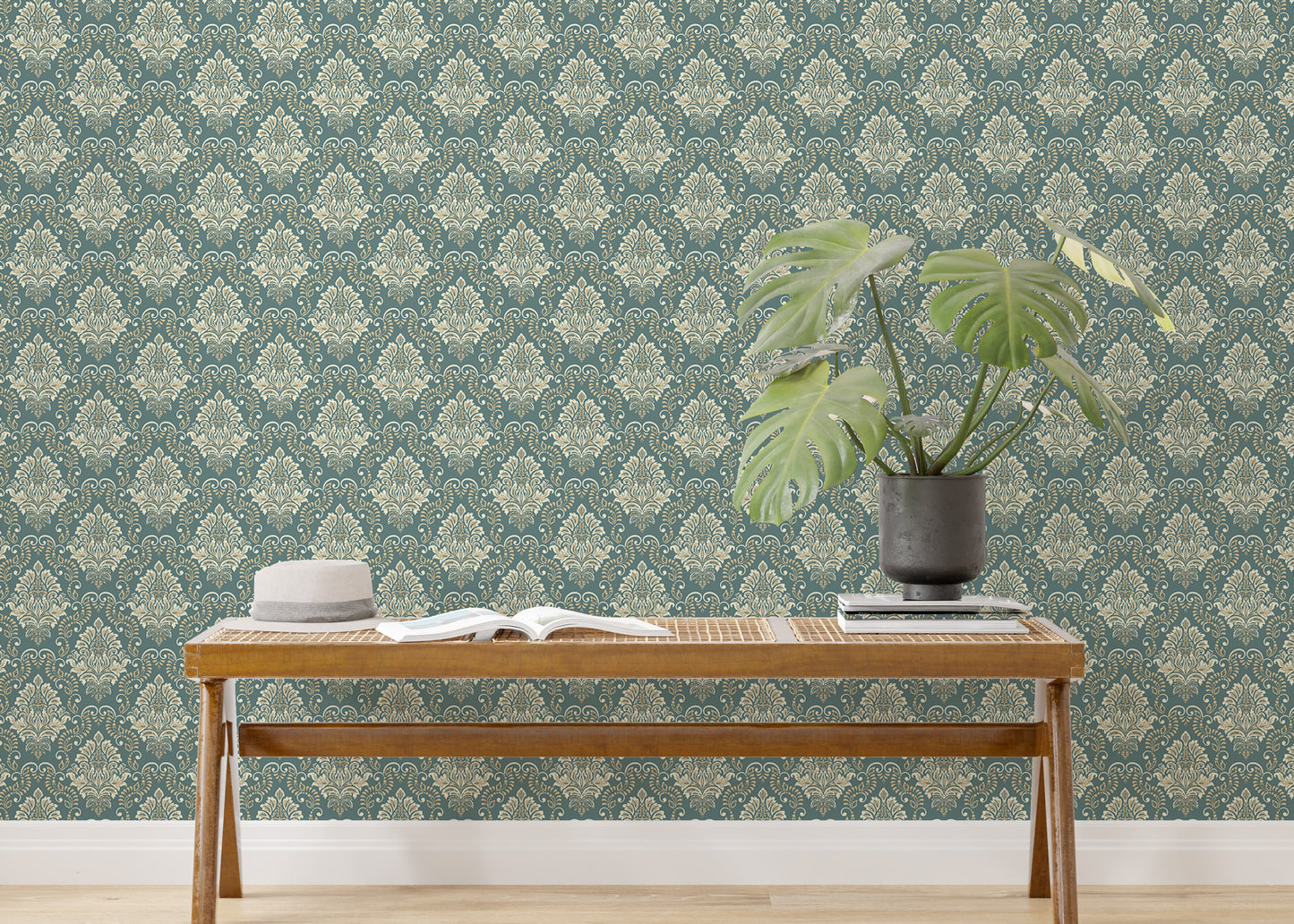 Green Vintage Baroque Damask Design Wallpaper