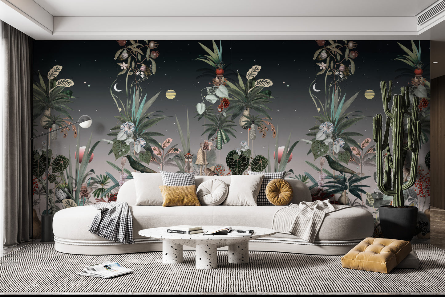 Midnight botanical wall mural featuring exotic fruits, lush tropical plants, and a dark celestial background with stars and planets.