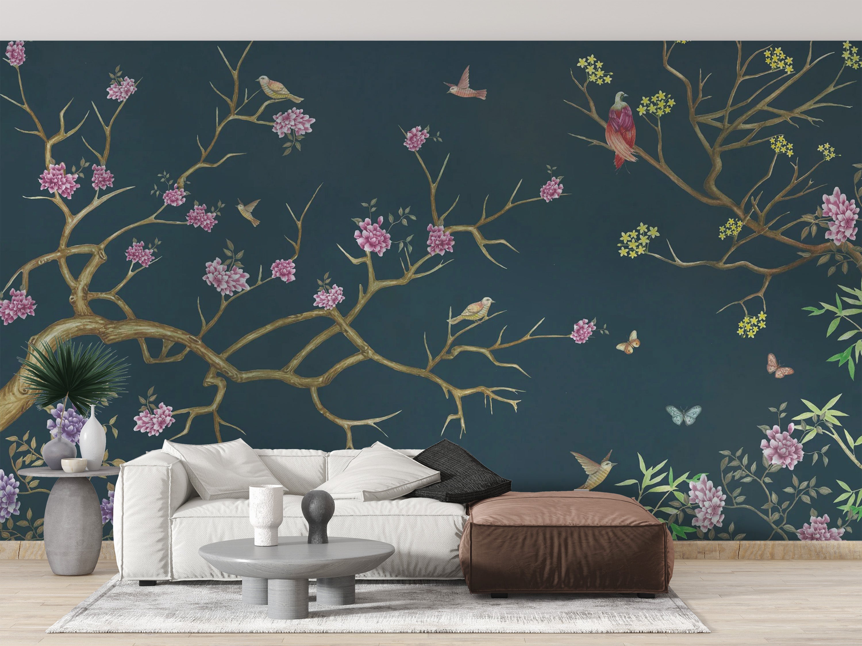 Beautiful dark blue chinoiserie wallpaper for serene rooms
