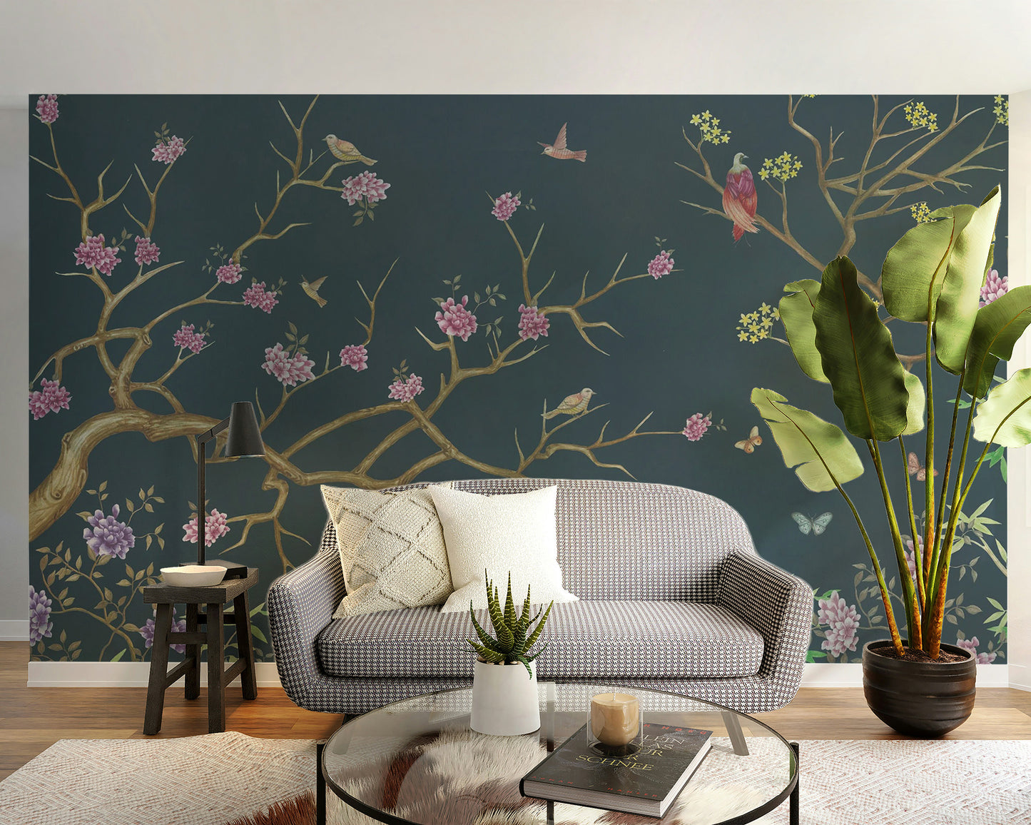 Stunning dark blue chinoiserie mural for sophisticated vibes



