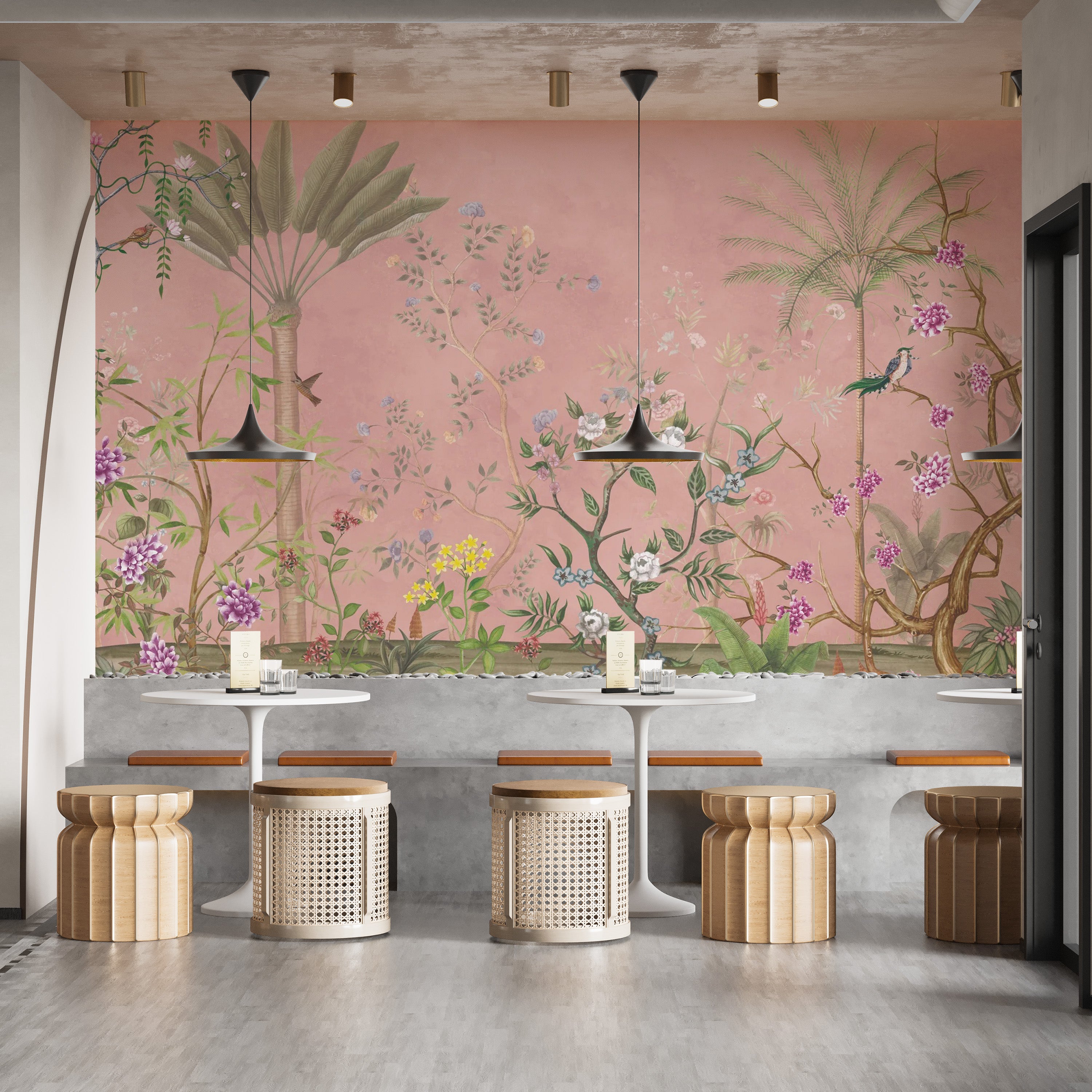 Elegant pink tropical chinoiserie wallpaper for decor
