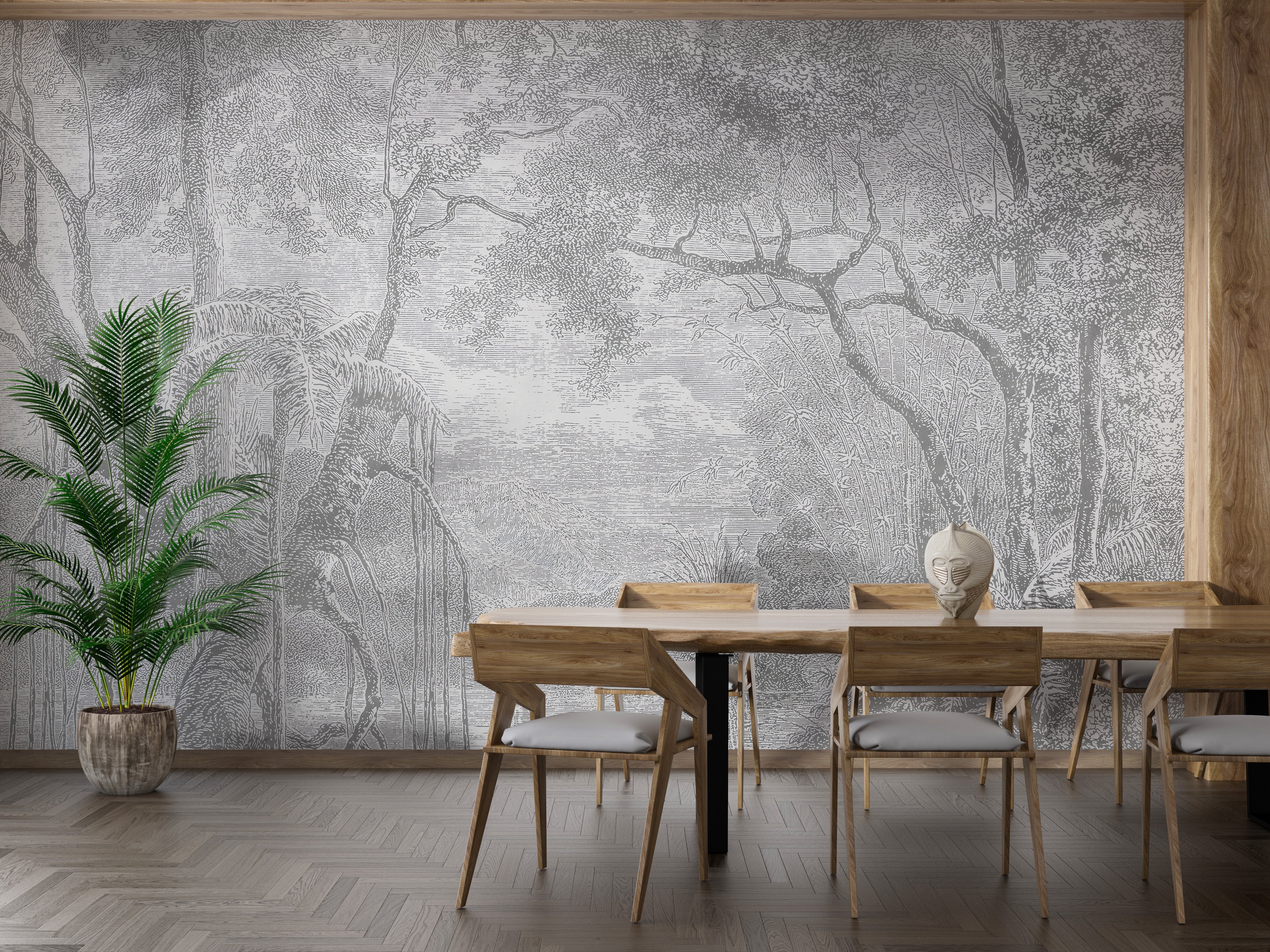 Grey Color Sketch of Forest Nature Wallpaper Mural