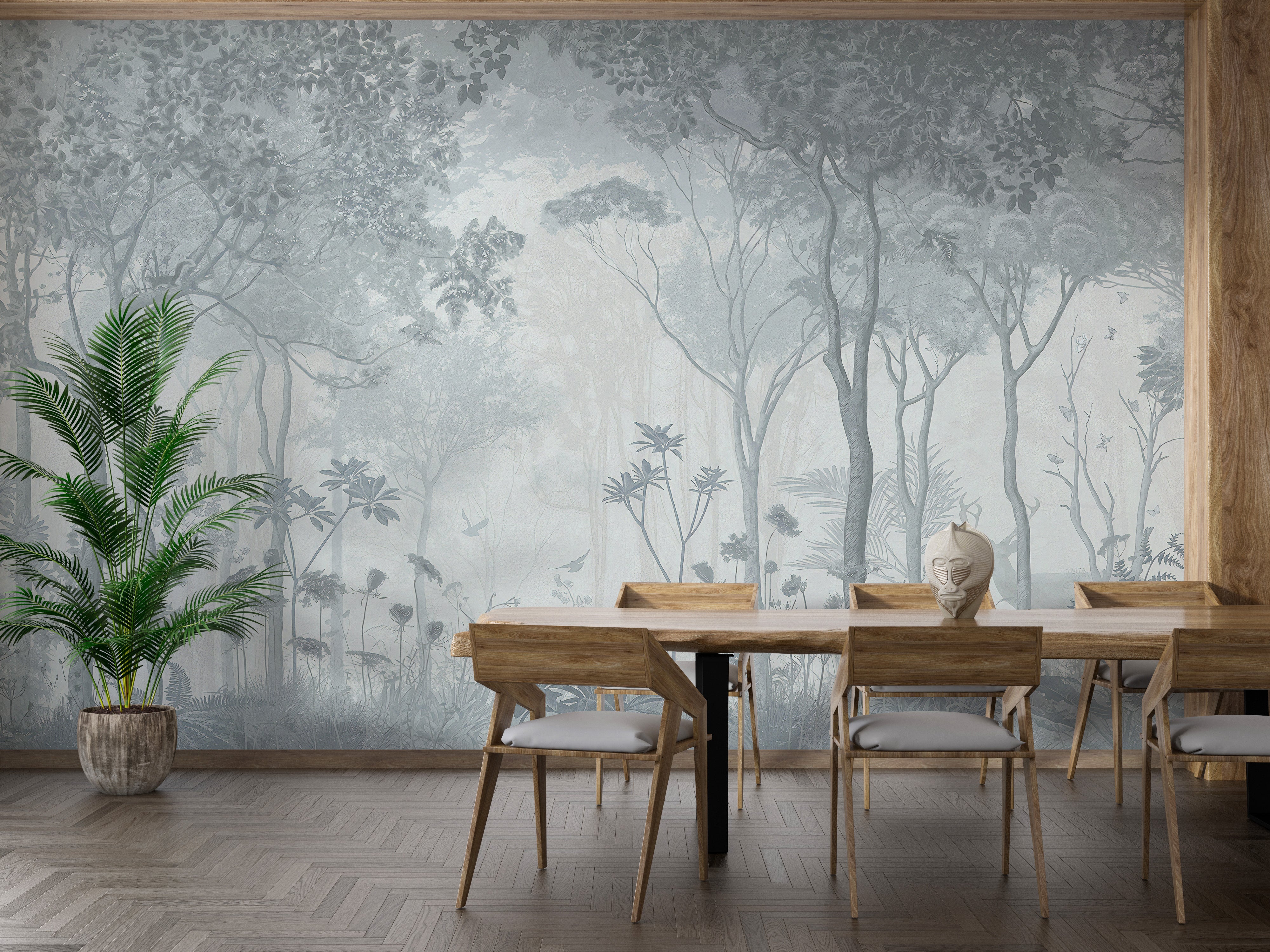 Mystical foggy forest mural in soft tones