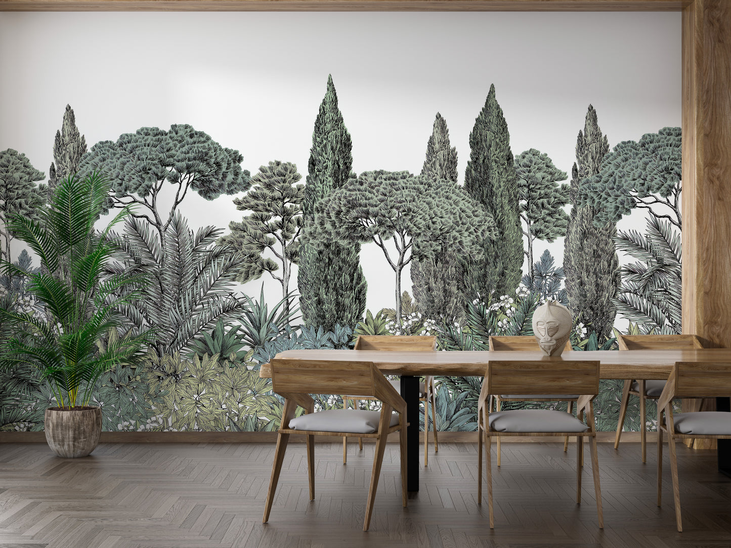 Exotic jungle mural in lush green tones