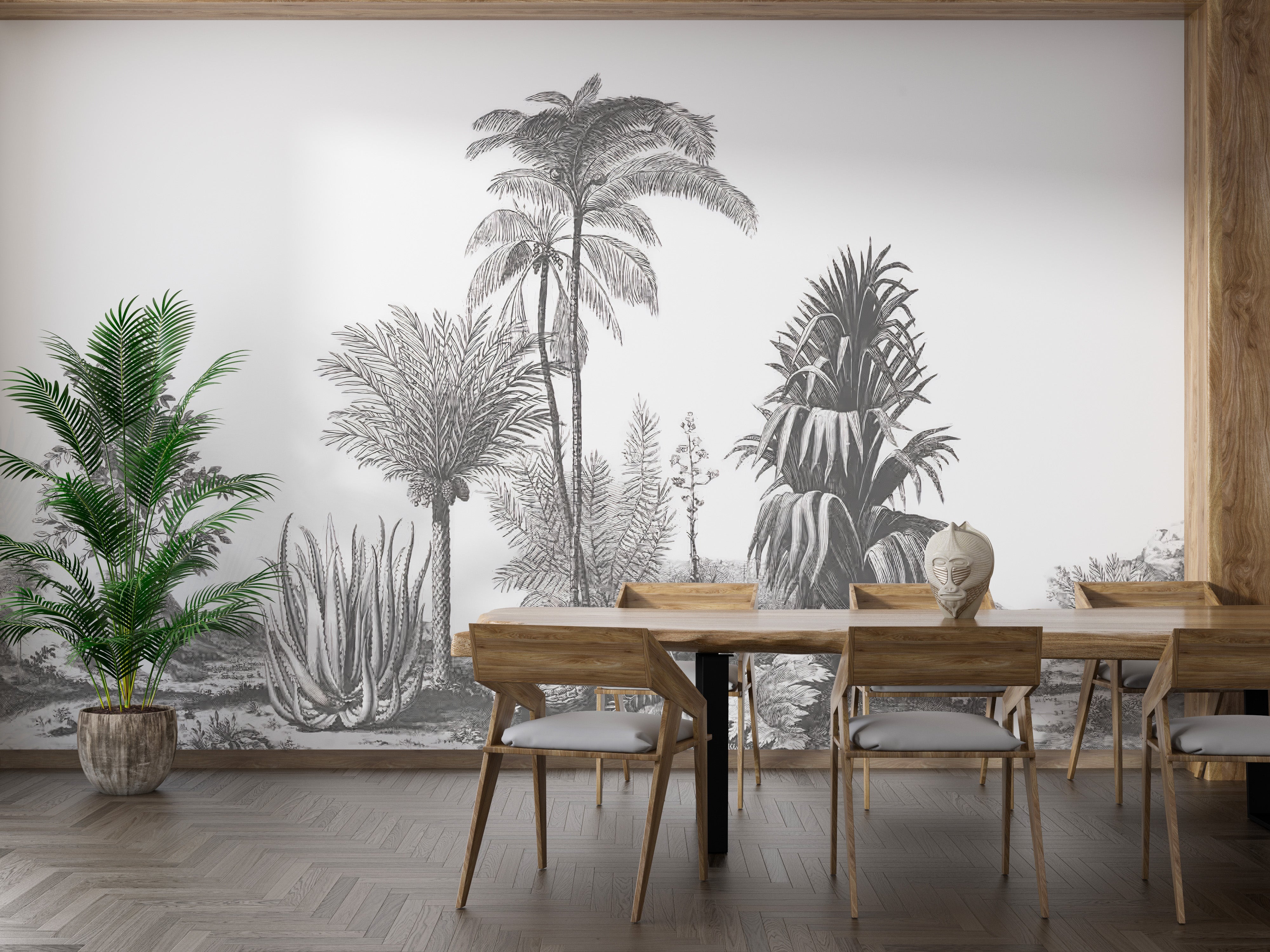 Grey palm mural with tropical elegance