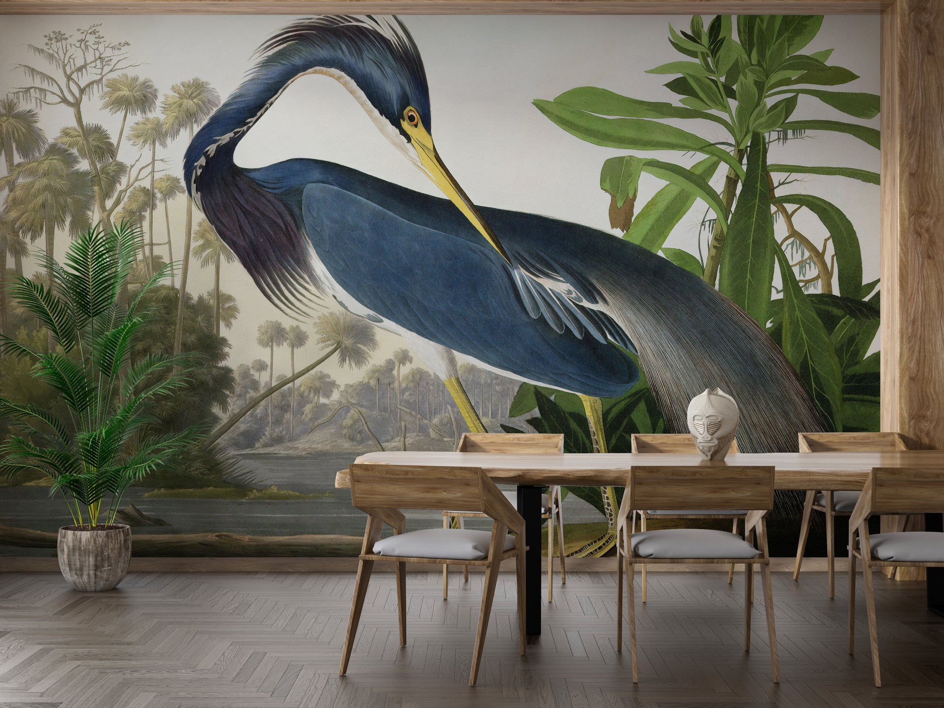 Heron-themed watercolor wall mural art
