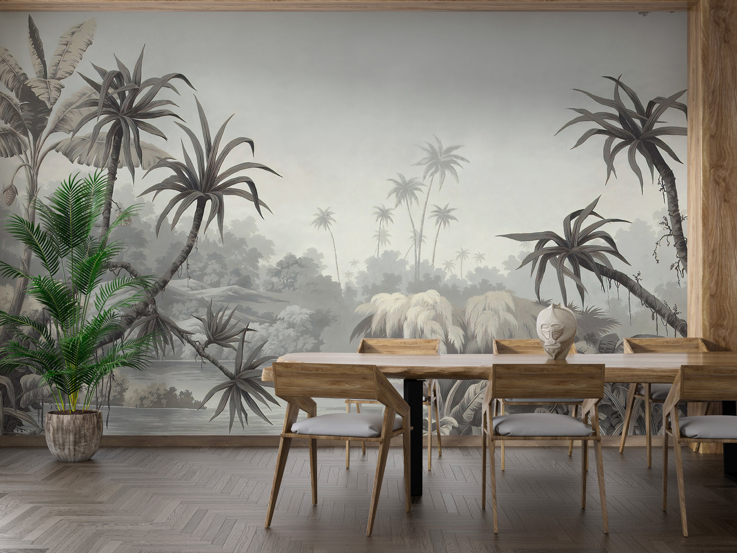 Relaxing tropical wall art with lake and palms
